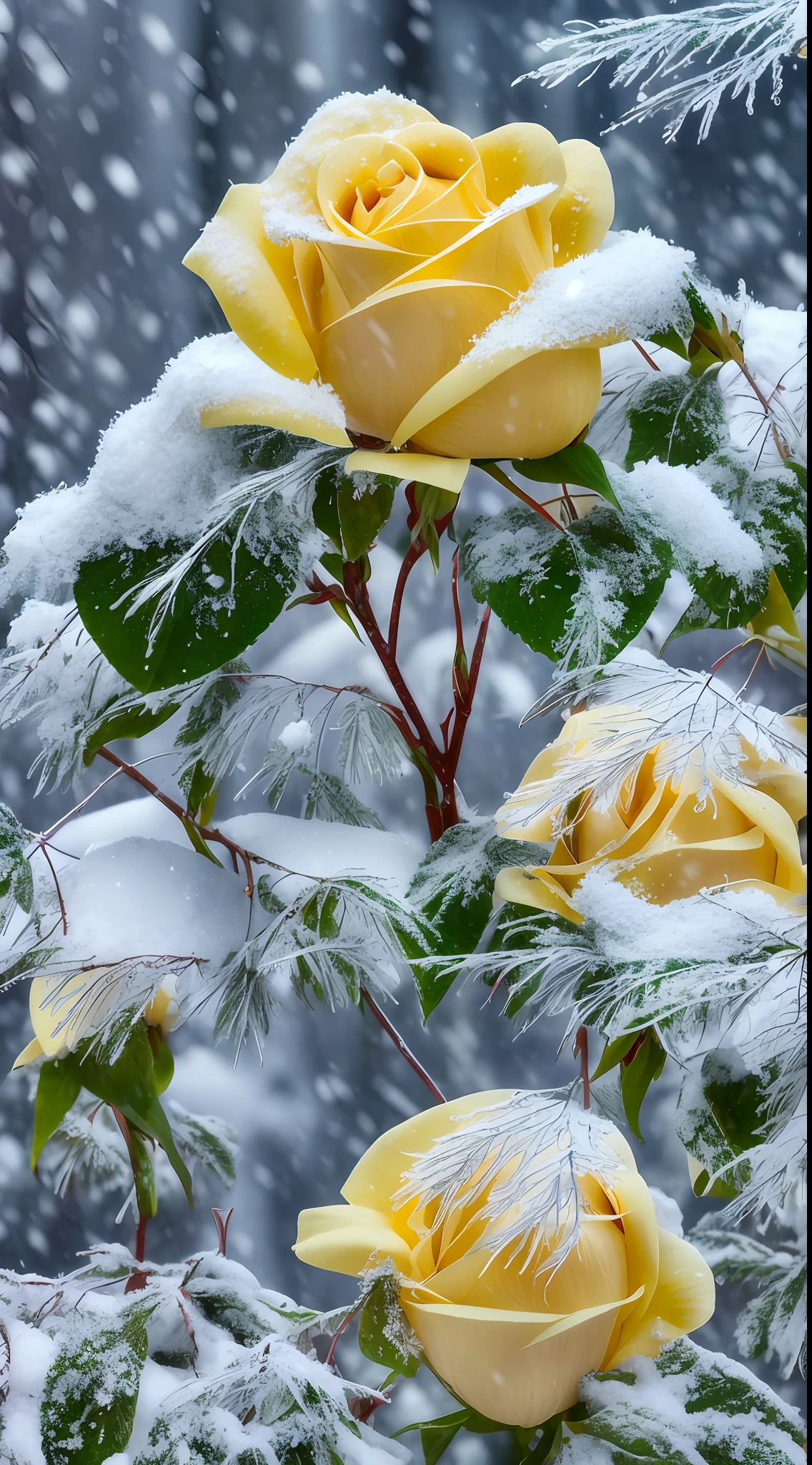 On snowy days, yellow roses are covered with snow, The green leafy petals are covered with dust and snow, There are frozen flowers around, Gentle snow, Still life with snow, in snow, during snowfall, roses in cinematic light