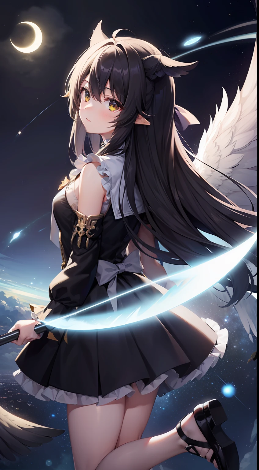 1girl,arm_cannon,asymmetrical_clothes,asymmetrical_footwear,aurora,bird_wings,black_hair,black_wings,bow,brown_hair,cape,city_lights,constellation,crescent_moon,earth_(planet),feathered_wings,full_moon,galaxy,green_bow,green_skirt,hair_bow,large_wings,light_particles,long_hair,milky_way,mismatched_footwear,moon,moonlight,night,night_sky,planet,radiation_symbol,shoes,shooting_star,sky,solo,space,space_craft,spread_wings,star_(sky),star_(symbol),starry_background,starry_sky,starry_sky_print,sun,telescope,third_eye,weapon,wings,reiuji_utsuho