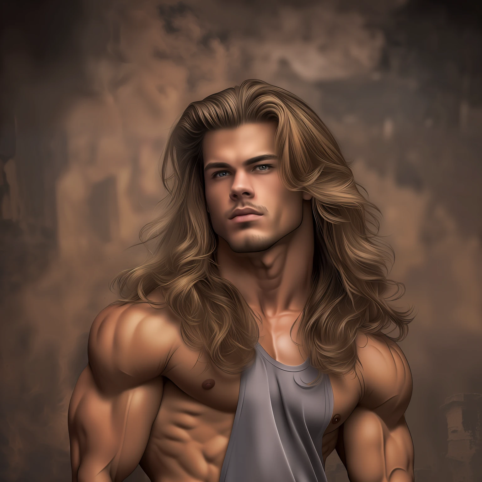 An 18-year-old fuckboy bodybuilder, embodying the perfect fusion of Joey Lawrence and Cody Calafiore with long hair, exuding an aura of strength and confidence. Enhanced with HDR technology, this image depicts a true masterpiece, 4K resolution, by Gilles Crofta