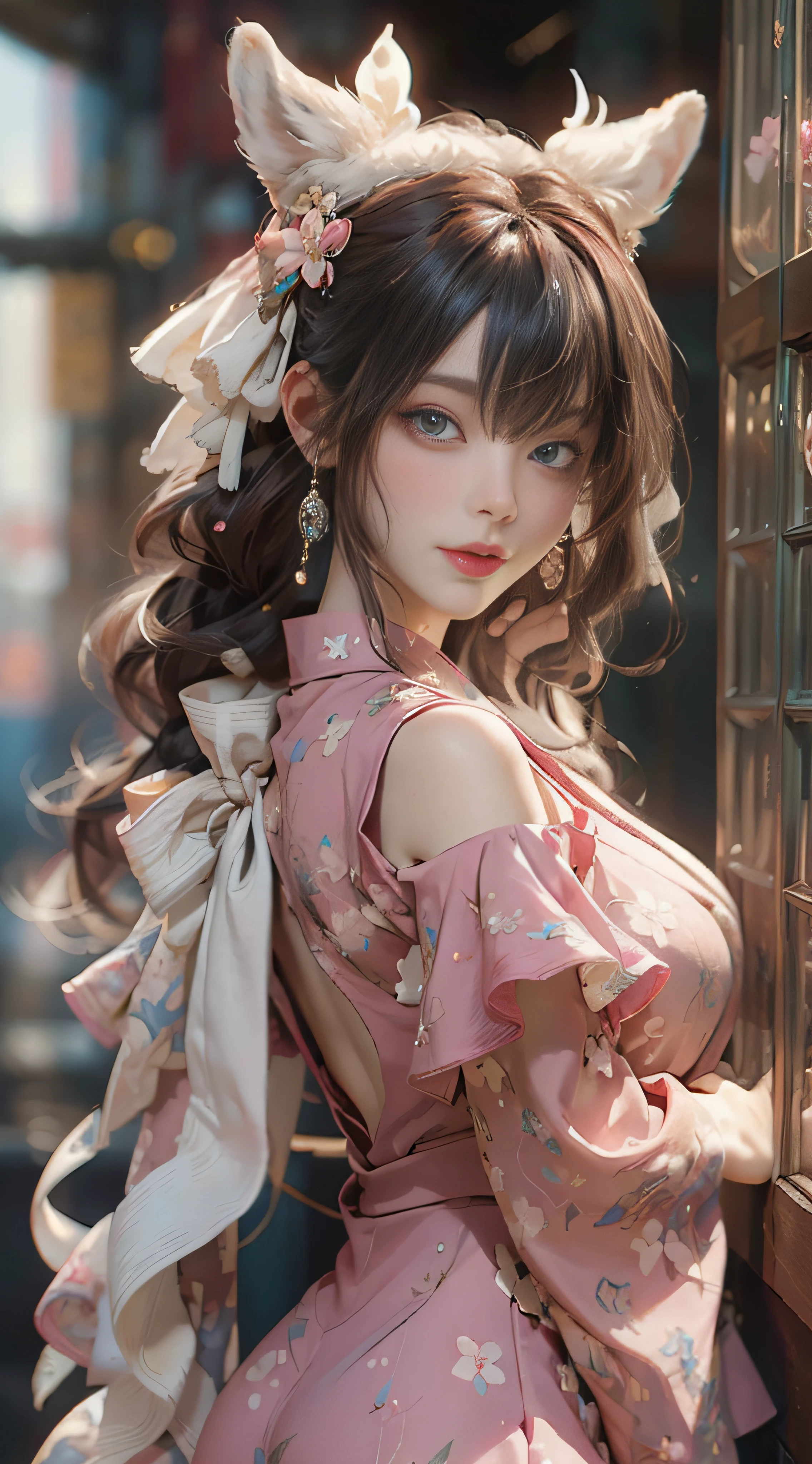 （（best qualtiy））， （（tmasterpiece））， （detail：1.4）， Beautiful cyberpunk female images，hdr（HighDynamicRange），Ray traching，NVIDIA RTX，Hyper-Resolution，illusory 5，sub surface scattering，PBR textures，post-proces，Anisotropy Filtering，depth of fields，maximum definition and sharpness，Many-Layer Textures，Albedo e mapas Speculares，Surface coloring，Mitsu-Accurate simulation of material interactions，perfectly proportioned，rendering by octane，Two-colored light，largeaperture，Low ISO，White balance，Rule three points、8K raw data、Beautiful bright blue pupils，off-the-shoulder clothes，Fine pupils，Delicate face and eyes，long eyelasher，Blushlush，Delicate and fluffy hair，pink lip，Pure，Cute face，Sweet girl，Artistic sense，Casual wear，Advancedsense，butterflys，Cherry blossom petal，Beautiful hair accessories，Long hair and waist，Hair fluttering in the wind，Snow-white fox ears，curlies，Snow-white fluffy tail，Positive light，The light from the back window is backlighted