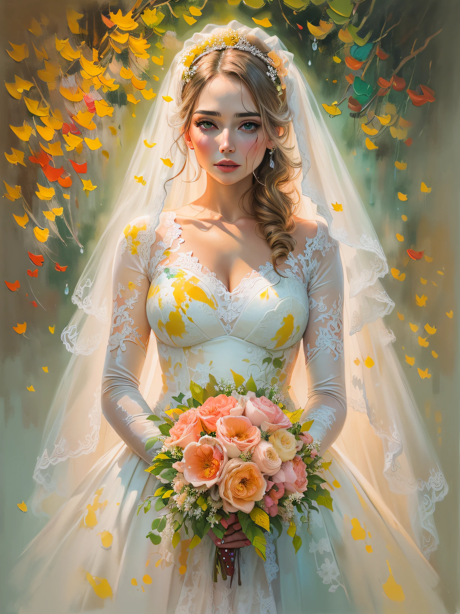 (Best Quality), (((Painting depicting the bride))), ((Luminous design)) , ((pastel colours)),((ink drips)),(autumn lights :0.8)