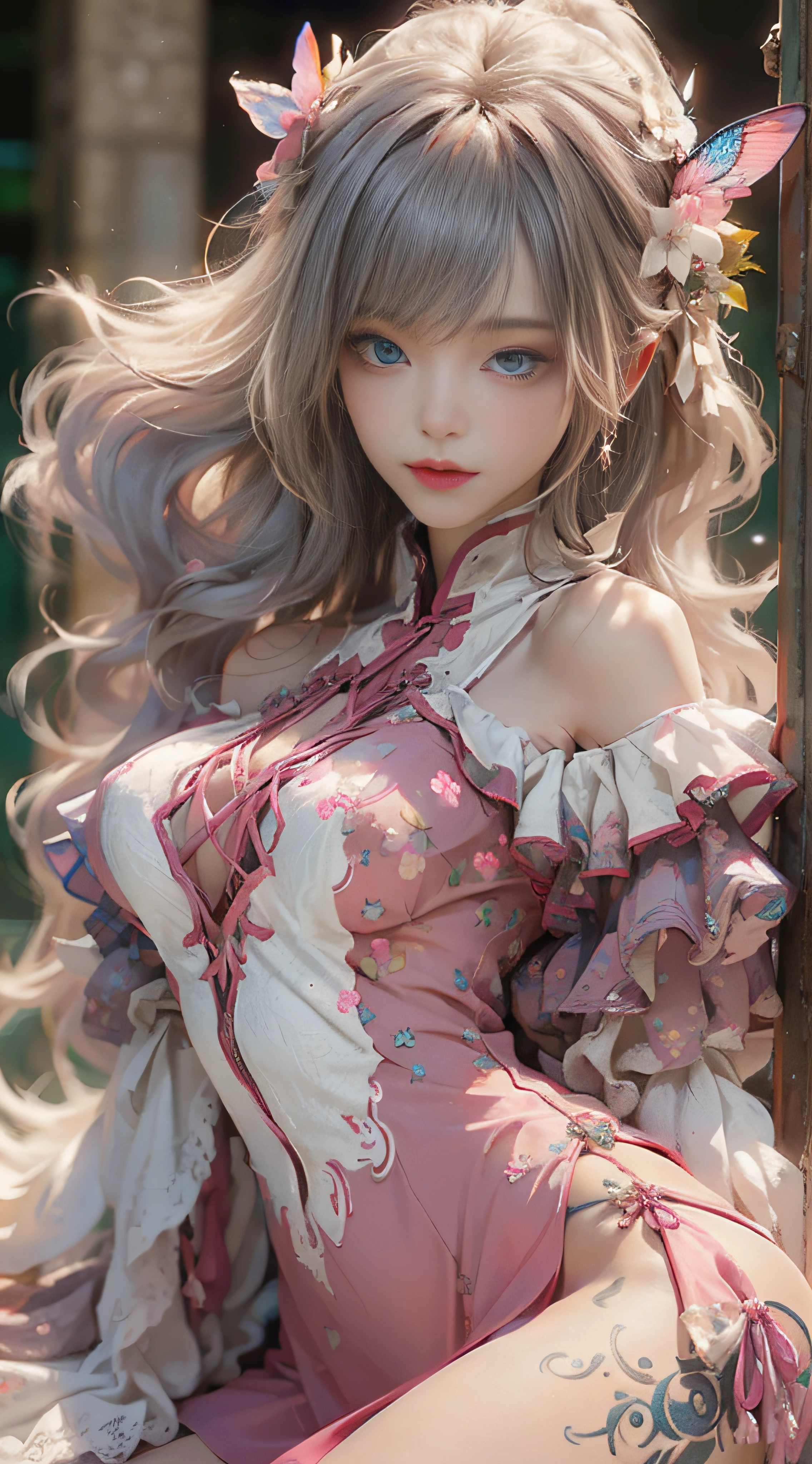 ((best qualtiy)), ((tmasterpiece)), (detail:1.4), Beautiful cyberpunk female images,hdr(HighDynamicRange),Ray traching,NVIDIA RTX,Hyper-Resolution,illusory 5,sub surface scattering,PBR textures,post-proces,Anisotropy Filtering,depth of fields,maximum definition and sharpness,Many-Layer Textures,Albedo e mapas Speculares,Surface coloring,Mitsu-Accurate simulation of material interactions,perfectly proportioned,rendering by octane,Two-colored light,largeaperture,Low ISO,White balance,Rule three points、8K raw data、Beautiful bright blue pupils,off-the-shoulder clothes,Fine pupils,Delicate face and eyes,long eyelasher,Blushlush,Delicate and fluffy hair,pink lip,Pure,Cute face,Sweet girl,Artistic sense,Casual wear,Advancedsense,butterflys,Cherry blossom petal,Beautiful hair accessories,Long hair and waist,Hair fluttering in the wind,Snow-white fox ears,curlies,Snow-white fluffy tail,Positive light,The light from the back window is backlighted