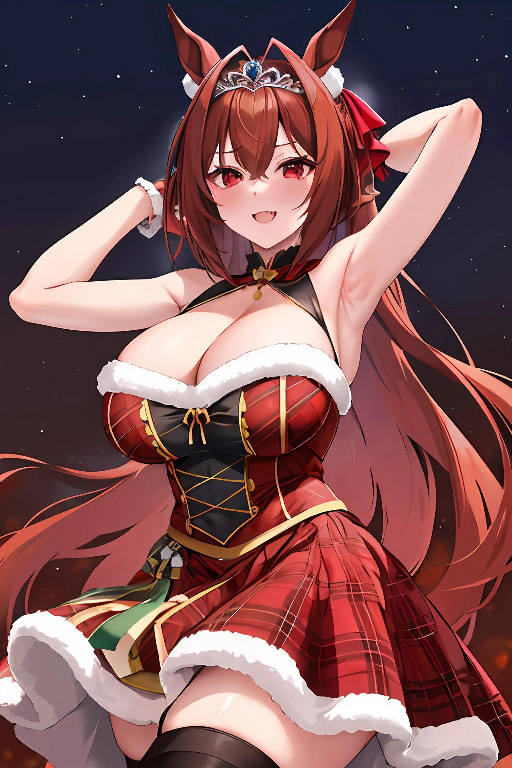 4K,​masterpiece, top-quality, Hi-Res, 1girl, Marl, 独奏, Daiwa scarlet\(umamusume\), Daiwa Scarlet，brown haired, Red gloves, tiarra, {{{Tiara on the head}}}, RED dress, Very long hair, black thighhighs, Tsukunoshi, sleeveless, red eyes, cleavage of the breast, Plaid dresses, bangss, Dresses trimmed with fur, large full breasts, sleeveless dresses, bare shoulders​, hair between eye, large full breasts, Single ear cover,Green ribbon at chest, frilld,  embarrassed from, natta, nighttime scene，Summit of Mt，{{{nigh sky}}}，starrysky，Smiled、brown haired, A slight smil,beautiful countenance, brown haired, Sharp fangs,bangss，embarassed face，A detailed eye，Beautiful eyes，Shyness，red blush，{{{Red hair}}},hair between eye, laying on back，pretty skin, Sideways body，Lift your chest with your arms