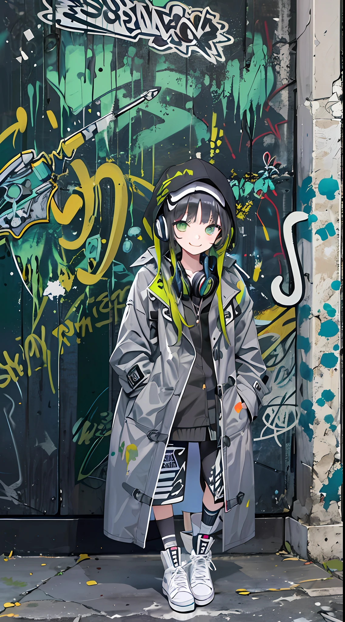 tmasterpiece,Best picture quality,Graffiti girl(scribbles: 2),paint splatter,against a wall,Tilt your head and smile,whaite hair,Green eyes,Earphone,(Green and black tones:3),Functional trench coat,Trendy outfits。