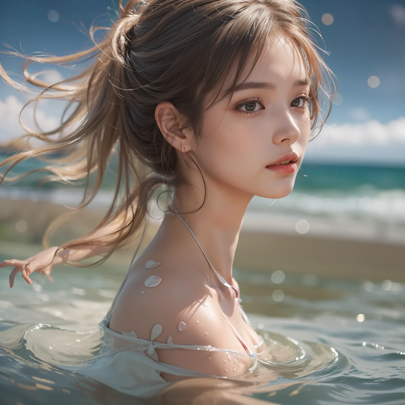Wearing sweat,Mid summer,The bikini,swimming beach,Plunge into the sea,Blowing in the wind,poneyTail,Multiple girls,BRAEK,4k, (Raw photo: 1.2), (Realism: 1.4), (masutepiece: 1.3), (exquisite detailing: 1.2), Delicate and beautiful details, (Eye Detail), (Facial Detailed), (Highest Quality) :1.4), (Hyper-Resolution: 1.2), cinematric light, (very detailed illustration), (Eyelashes, Best Quality, Super Resolution, depth of fields, Wide light, natural shadows