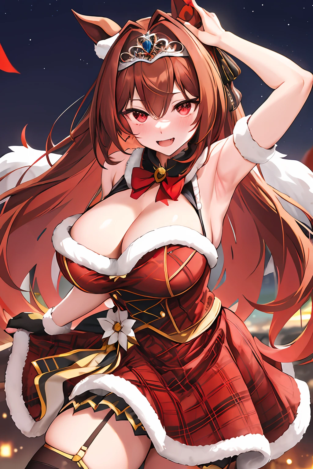 4K,​masterpiece, top-quality, Hi-Res, 1girl, Marl, 独奏, Daiwa scarlet\(umamusume\), Daiwa Scarlet，brown haired, Red gloves, tiarra, {{{Tiara on the head}}}, RED dress, Very long hair, black thighhighs, Tsukunoshi, sleeveless, red eyes, cleavage of the breast, Plaid dresses, bangss, Dresses trimmed with fur, large full breasts, sleeveless dresses, bare shoulders​, hair between eye, large full breasts, Single ear cover,Green ribbon at chest, frilld,  embarrassed from, natta, nighttime scene，Summit of Mt，{{{nigh sky}}}，starrysky，Smiled、brown haired, A slight smil,beautiful countenance, brown haired, Sharp fangs,bangss，embarassed face，A detailed eye，Beautiful eyes，Shyness，red blush，{{{Red hair}}},hair between eye, laying on back，pretty skin, Sideways body，Lift your chest with your arms