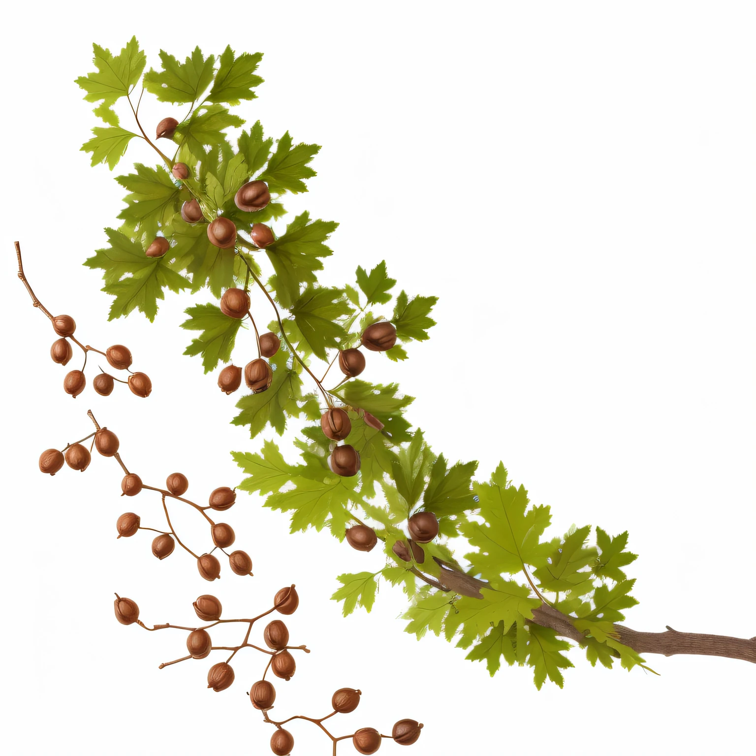 oak leaves and acorns hanging from an oak branch by stems. photorealistic,
