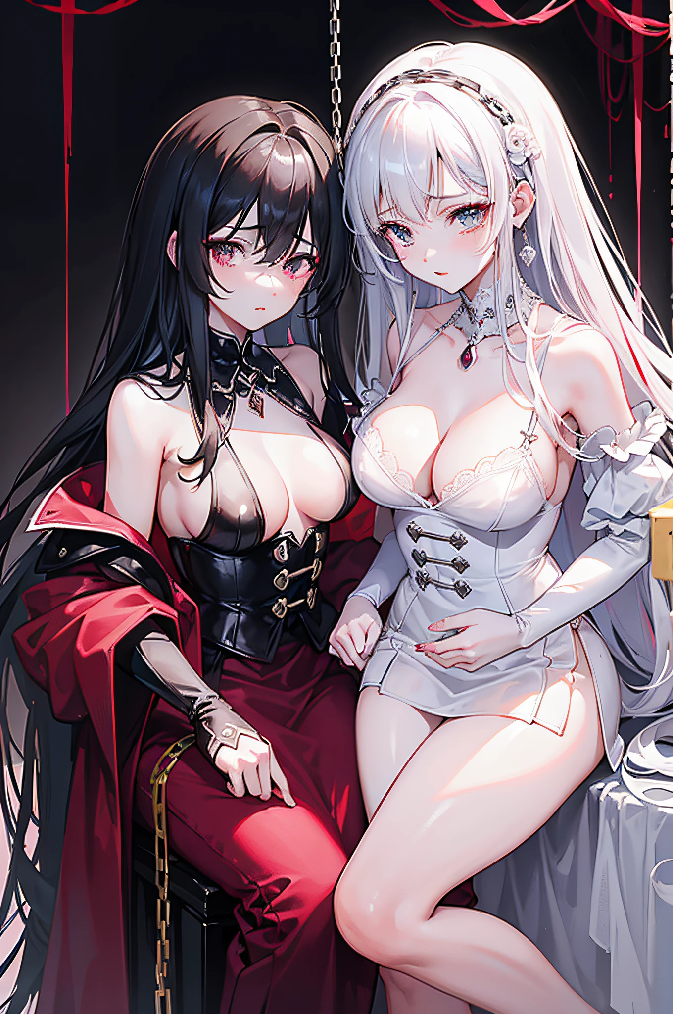 25 year old couple，Royal sister youth，with black curled hair，Thin iron chains are wound，transparent white shirt，blacksilk，Erotic lingerie，Be red in the face，streaming tears，Pink lips，The background is minimalist，8K masterpiece