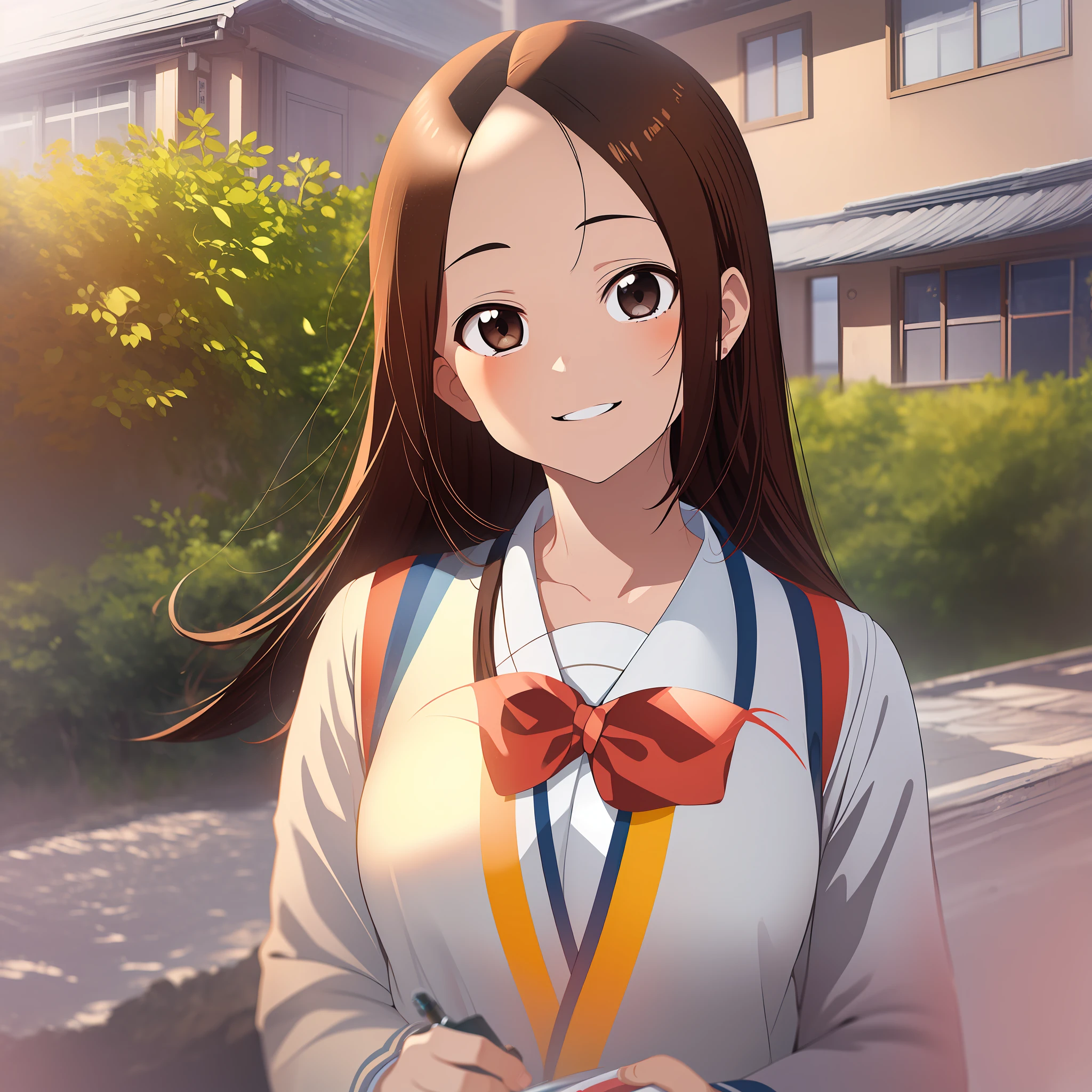 (Masterpiece, Superb Quality, Super Delicate, High Resolution), Female Focus, Elementary School Student, Emoji Smile, (Japanese School Uniform), Creekside, Background Detail, (((Solo)))