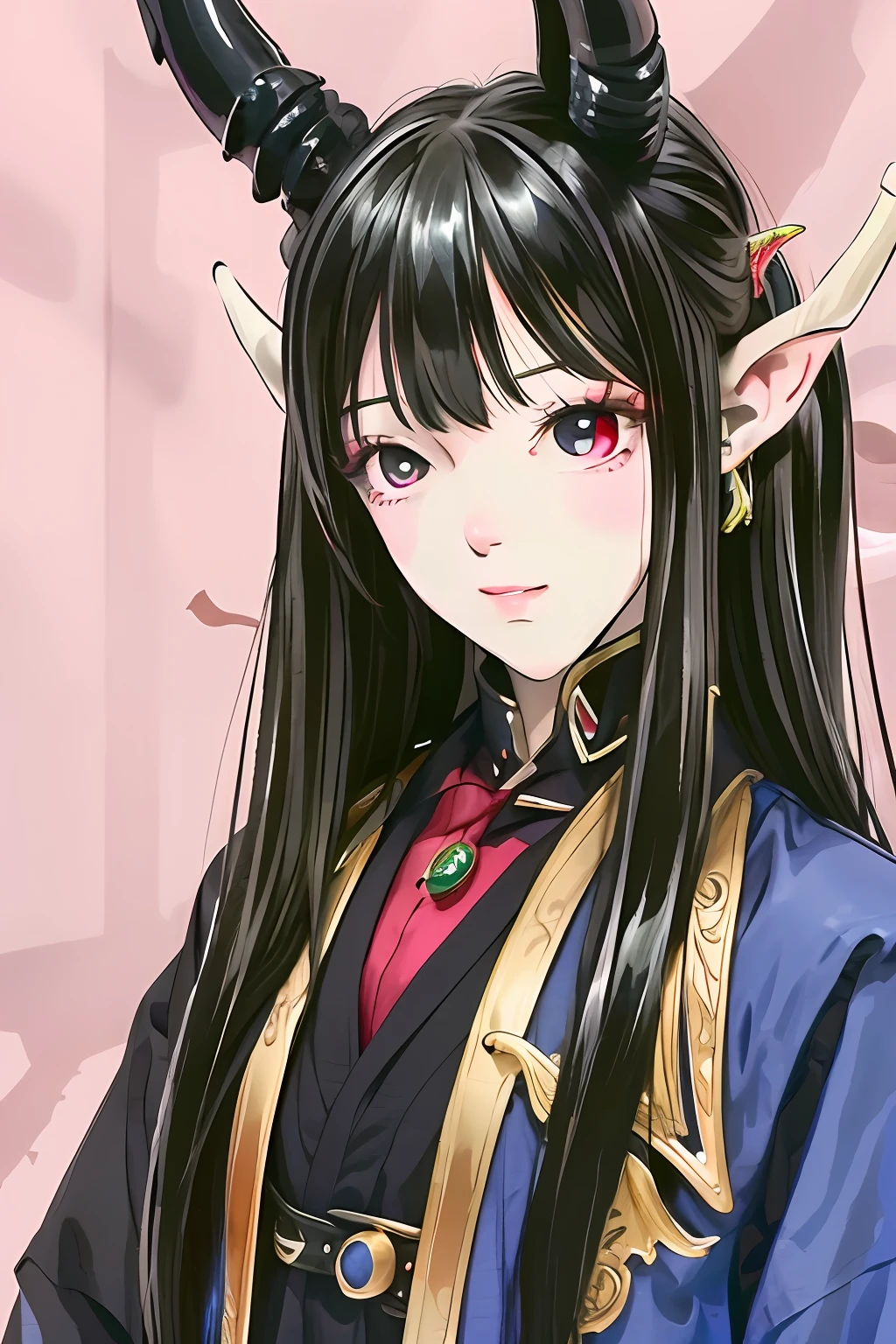 Different pupils, ancient style male demon long-haired beautiful man, black hair, elf ears, demon horn