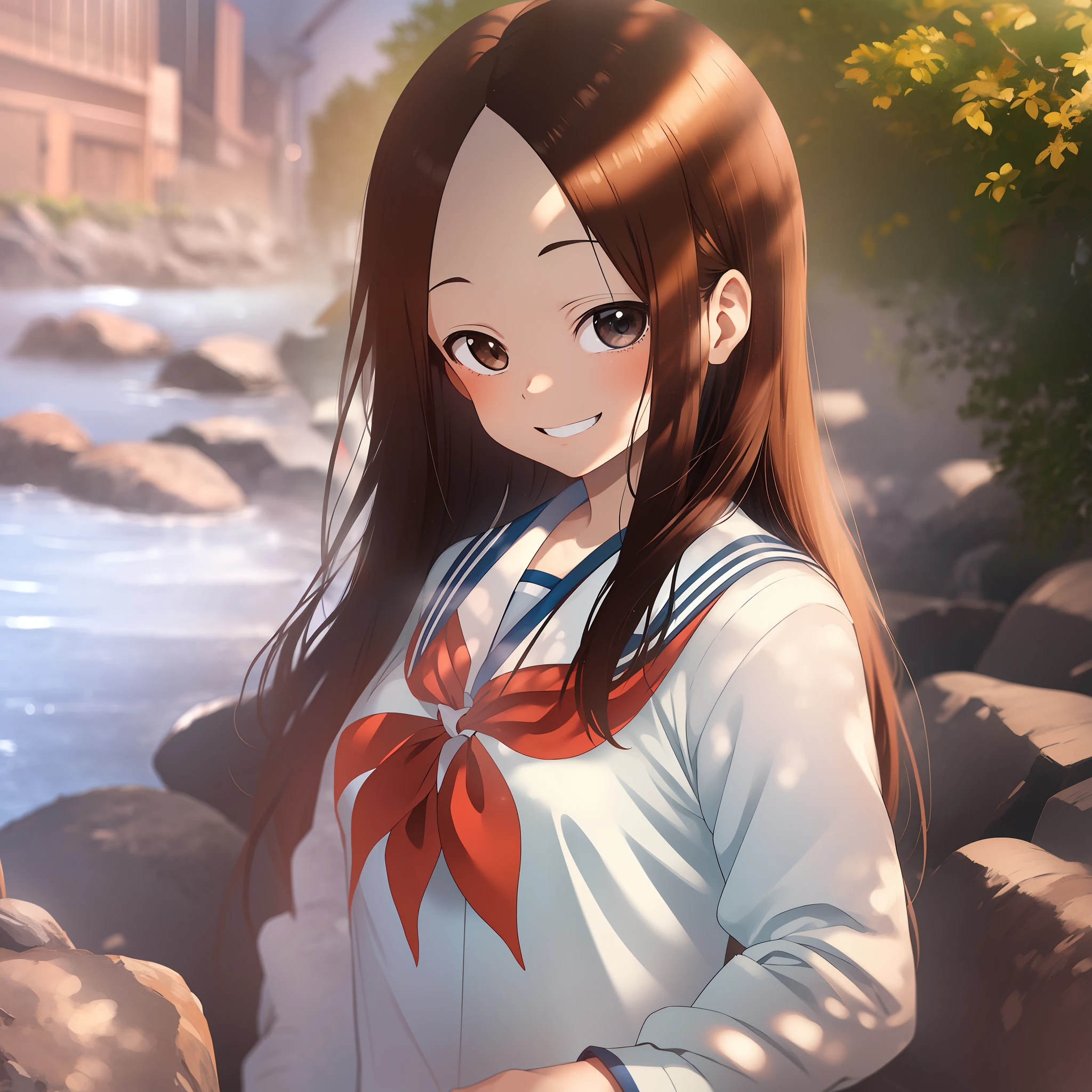 (Masterpiece, Superb Quality, Super Delicate, High Resolution), Female Focus, , Emoji Smile, (Japanese School Uniform), Creekside, Background Detail, (((Solo)))