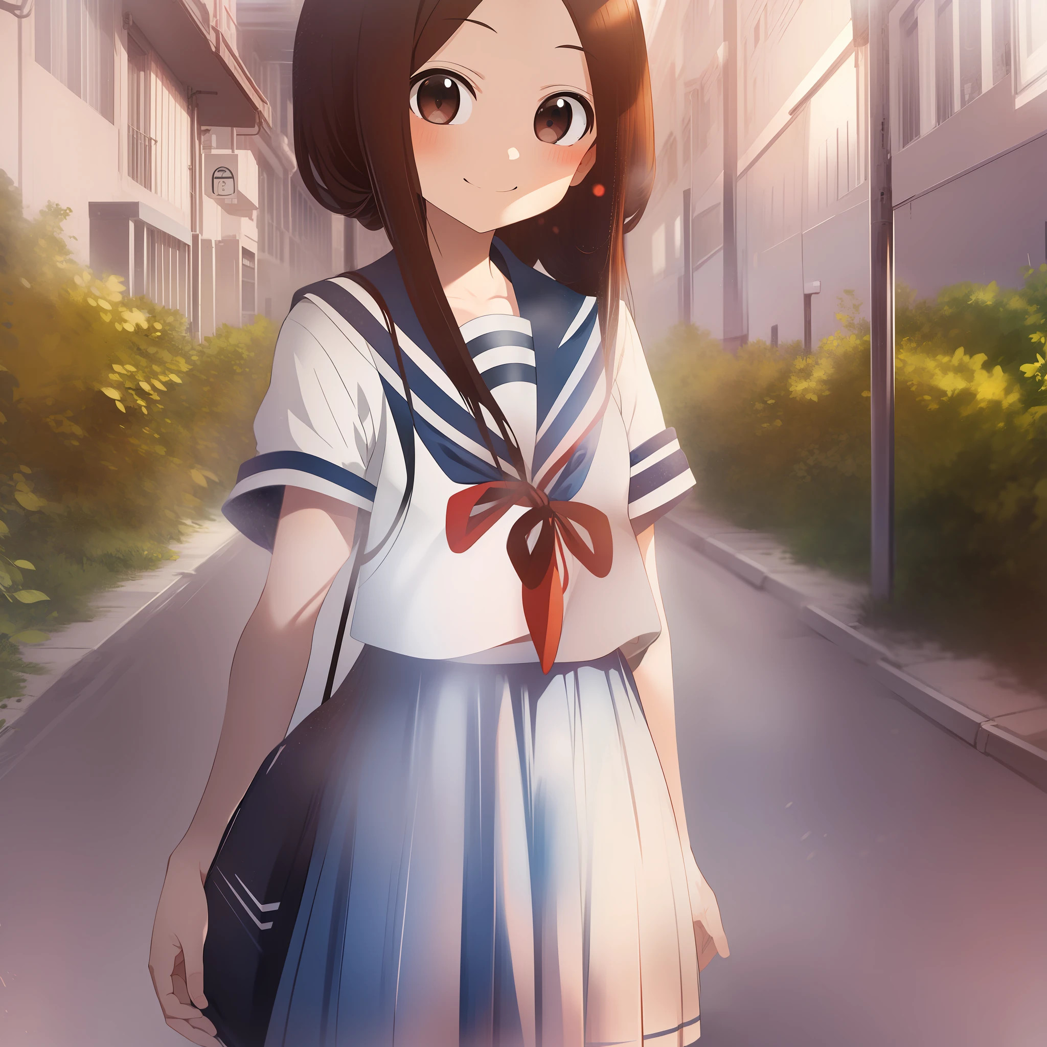 (Masterpiece, Superb Quality, Super Delicate, High Resolution), Female Focus, , Emoji Smile, (Japanese School Uniform), Creekside, Background Detail, (((Solo)))