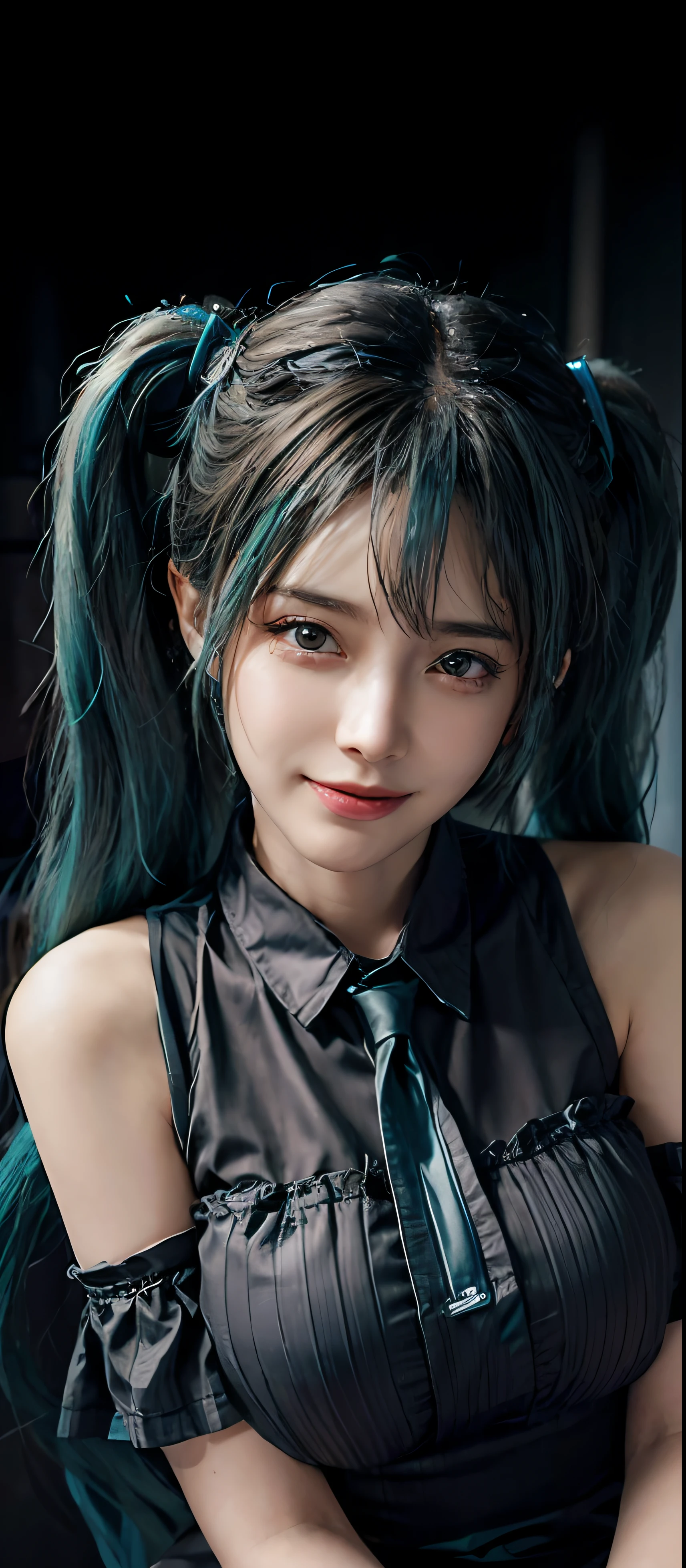 (front focus), keyword: 1girl in photoshoot, (((hatsune miku))), (in the dark:1.6), Hyperrealist portrait, fantasy art, photo realistic, dynamic lighting, poster, bokeh, volumetric lighting, very detailed faces, 8k, award winning, 1girl, 25 years old girl, deep shadow, low key, long twin tail hair with pony, bright tosca hair and eye color (((strong color))), big breast, round breast, nacklaces , full body, big smile (open mouth), wet skin, Highly detailed face and skin texture, Detailed eyes, Realistic eyes, Beautiful detailed eyes, (Realistic skin), (((futuristic hatsune miku dress 1:1))), sexy poses