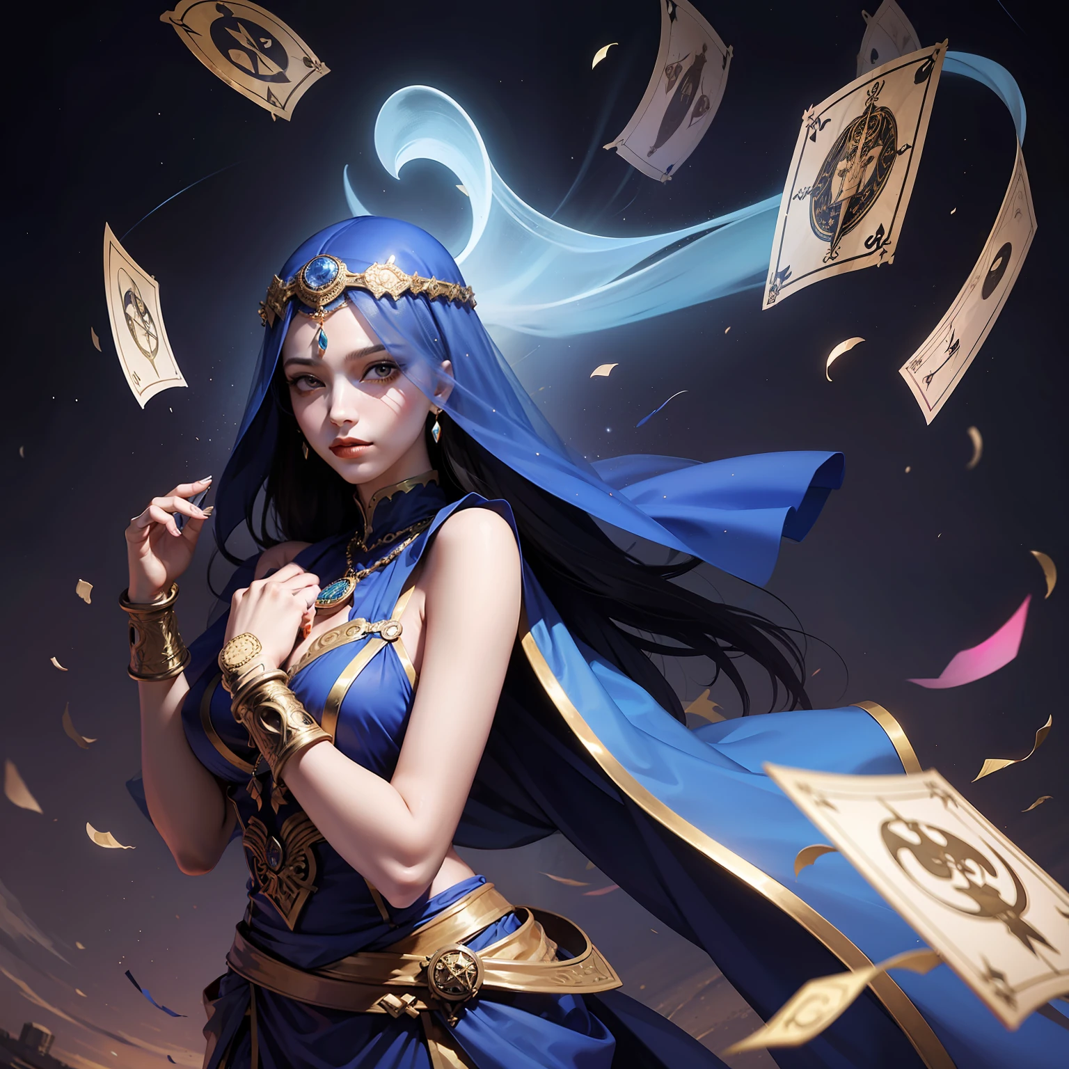 Female fortune teller, Thin cloth costume, Hide your face with a veil, Lots of tarot cards floating in the air, masutepiece, Best Quality, Super Detail, Photo, Realistic