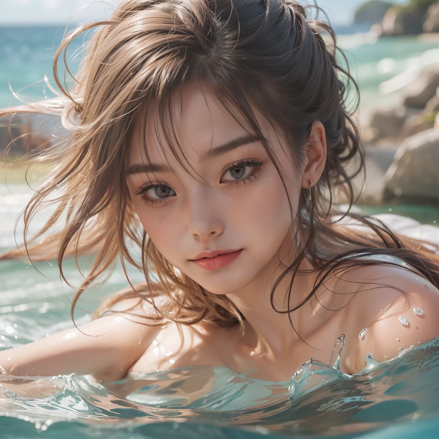 Wearing sweat,Mid summer,The bikini,swimming beach,Plunge into the sea,Blowing in the wind,poneyTail,Multiple girls,BRAEK,4k, (Raw photo: 1.2), (Realism: 1.4), (masutepiece: 1.3), (exquisite detailing: 1.2), Delicate and beautiful details, (Eye Detail), (Facial Detailed), (Highest Quality) :1.4), (Hyper-Resolution: 1.2), cinematric light, (very detailed illustration), (Eyelashes, Best Quality, Super Resolution, depth of fields, Wide light, natural shadows