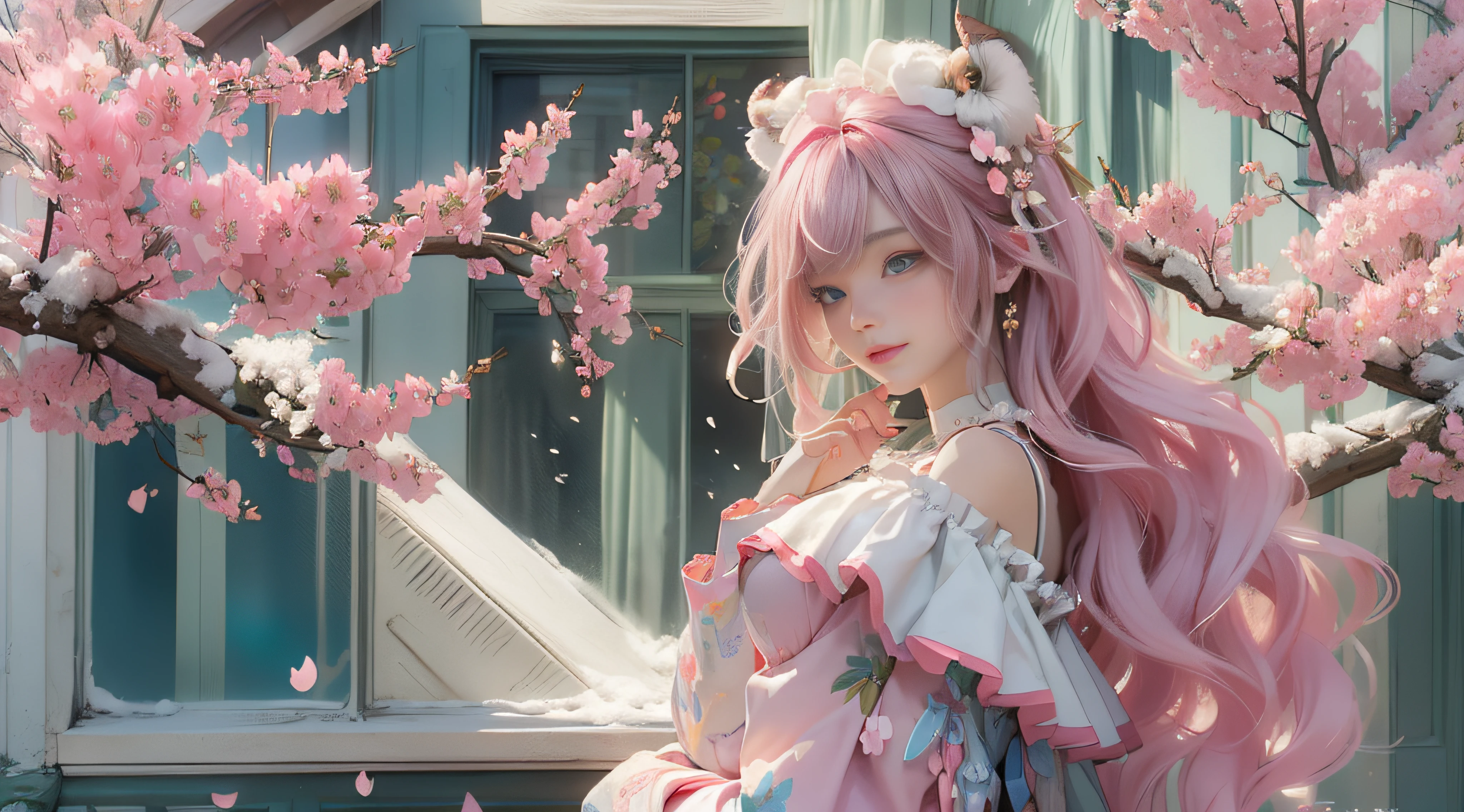（（best qualtiy））， （（tmasterpiece））， （detail：1.4）， Beautiful cyberpunk female images，hdr（HighDynamicRange），Ray traching，NVIDIA RTX，Hyper-Resolution，illusory 5，sub surface scattering，PBR textures，post-proces，Anisotropy Filtering，depth of fields，maximum definition and sharpness，Many-Layer Textures，Albedo e mapas Speculares，Surface coloring，Mitsu-Accurate simulation of material interactions，perfectly proportioned，rendering by octane，Two-colored light，largeaperture，Low ISO，White balance，Rule three points、8K raw data、Beautiful bright blue pupils，off-the-shoulder clothes，Fine pupils，Delicate face and eyes，long eyelasher，Blushlush，Delicate and fluffy hair，pink lip，Pure，Cute face，Sweet girl，Artistic sense，Casual wear，Advancedsense，butterflys，Cherry blossom petal，Beautiful hair accessories，Long hair and waist，Hair fluttering in the wind，Snow-white fox ears，curlies，Snow-white fluffy tail，Positive light，The light from the back window is backlighted