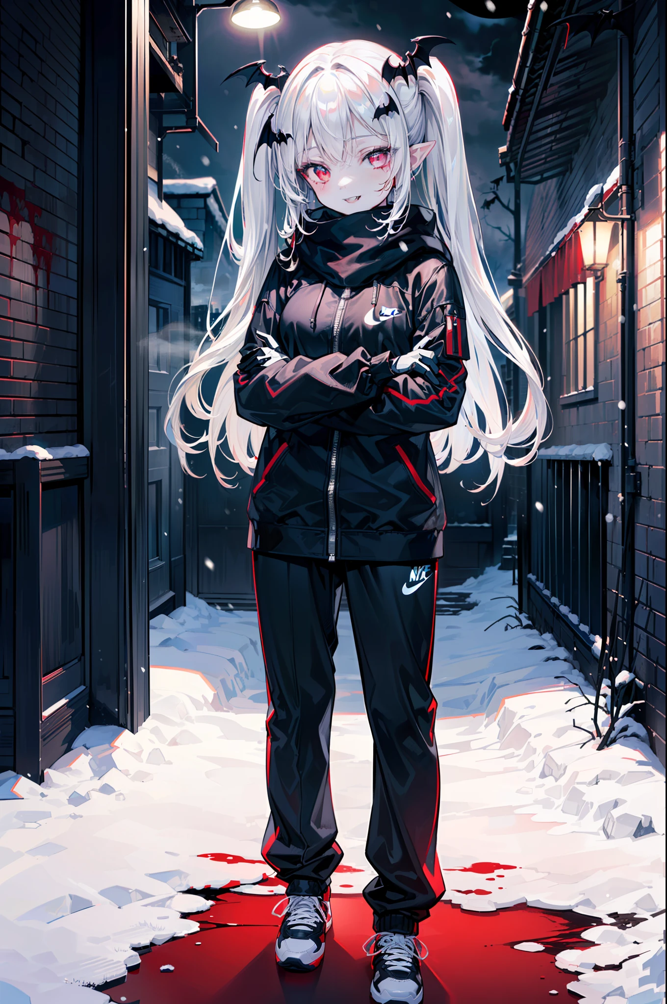 ((masterpiece, best quality, extremely detailed CG, unity 8k wallpaper,anatomically correct,ultra resolution)),Award-winning photography,(best illumination,Very Delicate and Beautiful),(one girl,solo,loli:1.5),(Vampire:1.45),silver hair,(twintails:1.2),glowing red eyes,(pale skin:1.45),(extremely beautiful and detailed face:1.2), (extremely beautiful and detailed eyes:1.2),perfect hands,delicate legs,((bat hair ornament)),(graceful,fashion),pointy ears,((Down Jackets:1.4,trousers,nike sports shoes,black leather gloves,scarf,hood)),looking at viewer,crossed arms,head tilt,(morbid smile:1.3),dark persona,evil,(cute:1.5),((night, dark atmosphere, dark theme, darkness:1.5)),dramatic shadows,(dimly lit:1.5),blood on face,blood on floor, blood on walls,(blood mist,blood splash:1.4),depth of field,(Bustling city:1.2,snow:1.3),cloudy sky,snowing,skyline,(perfect human body structure with maximum precision)