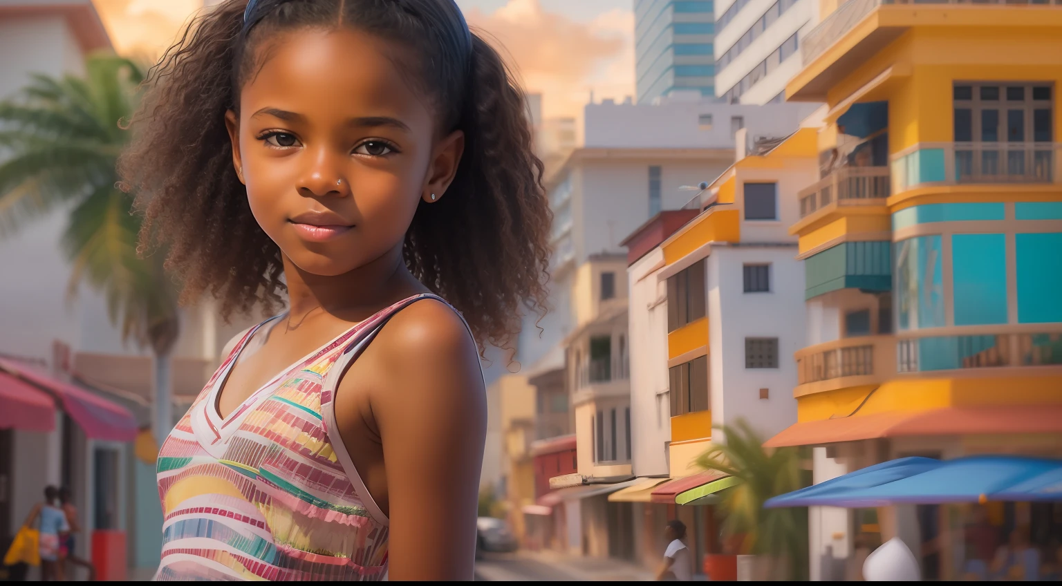 Generate an awe-inspiring hyper-realistic image showcasing a mesmerizing -yeld Bados girl with authentic features, gracefully positioned in front of a dynamic and vibrant cityscape.