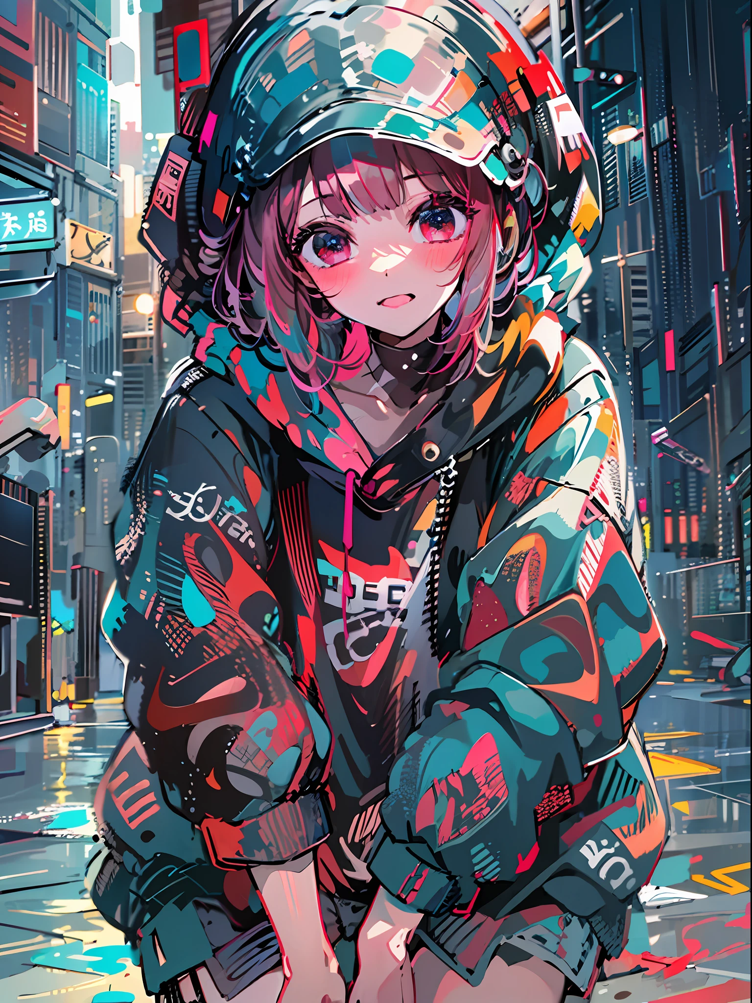 8K分辨率、((top-quality))、((masterpiece))、((ultra-detailliert))、1 woman、独奏、incredibly absurdness、Oversized hoodies、headphones、Street、plein air、Rain at night、neons、Shortcut Hair、Brightly colored eyes、Hands in pockets、shortpants、water dripping、red hairs、Bob Hair