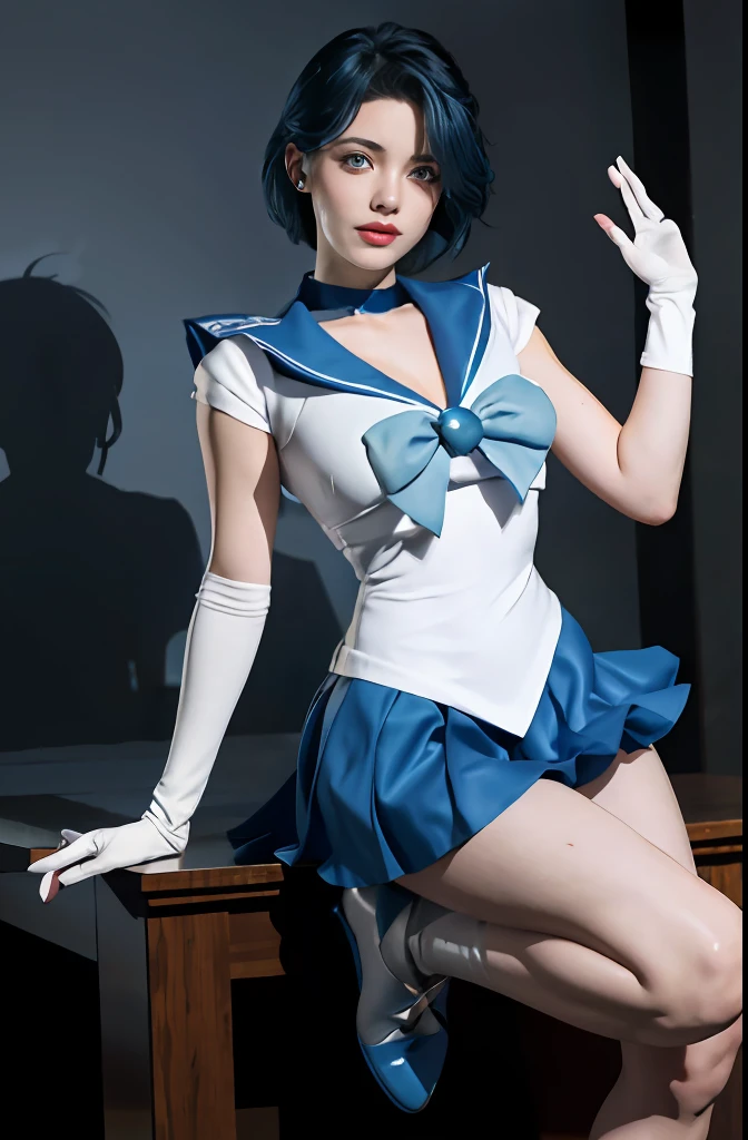 1girl,breasts,gloves,lips,solo,sailor mercury,blue eyes,smuniform,mer1,tiara,sailor senshi uniform,(RAW photo, best quality),masterpiece,absurdres,sexy,floating short blue hair,blue sailor collar,bow,(knee boots:1.1),choker,white gloves,blue choker,elbow gloves,jewelry,earrings,blue skirt,sole,full body,blue hair,(prefect drawn hands):3.8,octane rendering,godness of water,