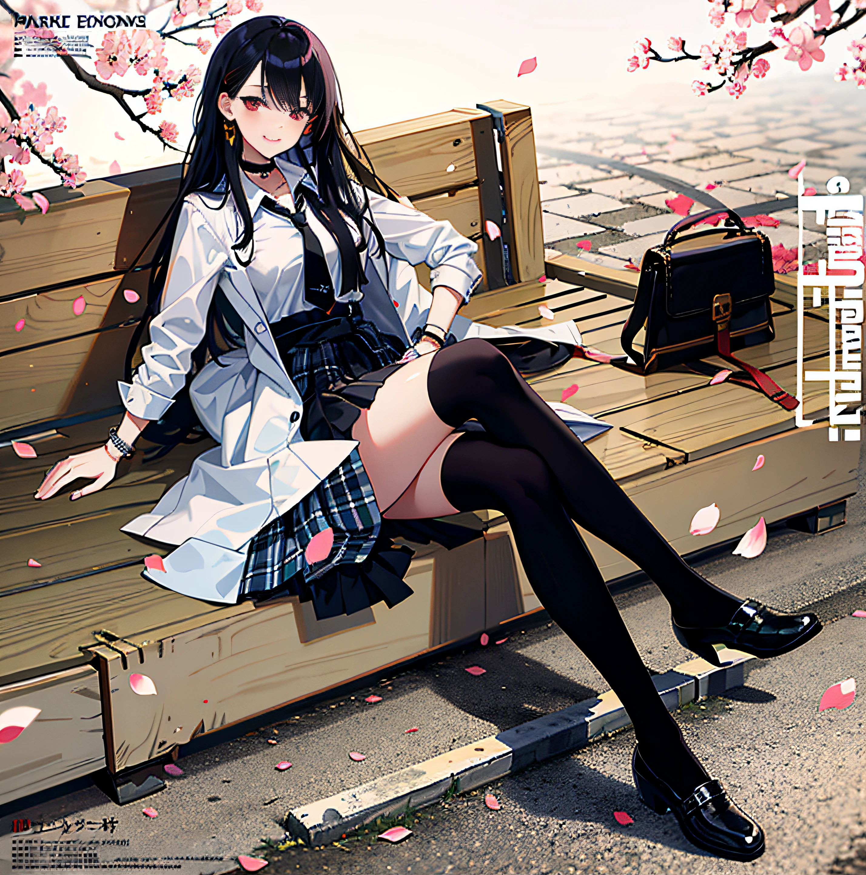 masterpiece, best quality, full body, 1girl, bangs, black choker, black necktie, blonde hair, blue skirt, blush, bracelet, breasts, choker, clothes around waist, collarbone, collared shirt, cowboy shot, dress shirt, ear piercing, eyebrows visible through hair, gradient hair, grin, gyaru, jewelry, kogal, long hair, looking at viewer, loose necktie, necktie, piercing, plaid, plaid skirt, pleated skirt, red eyes, ring, school uniform, shirt, skirt, smile, solo, white shirt, street, sky, cherry blossoms, petals,illustration, (magazine:1.3), (cover-style:1.3), fashionable, woman, vibrant, outfit, posing, front, colorful, dynamic, background, elements, confident, expression, holding, statement, accessory, majestic, coiled, around, touch, scene, text, cover, bold, attention-grabbing, title, stylish, font, catchy, headline, larger, striking, modern, trendy, focus, fashion,