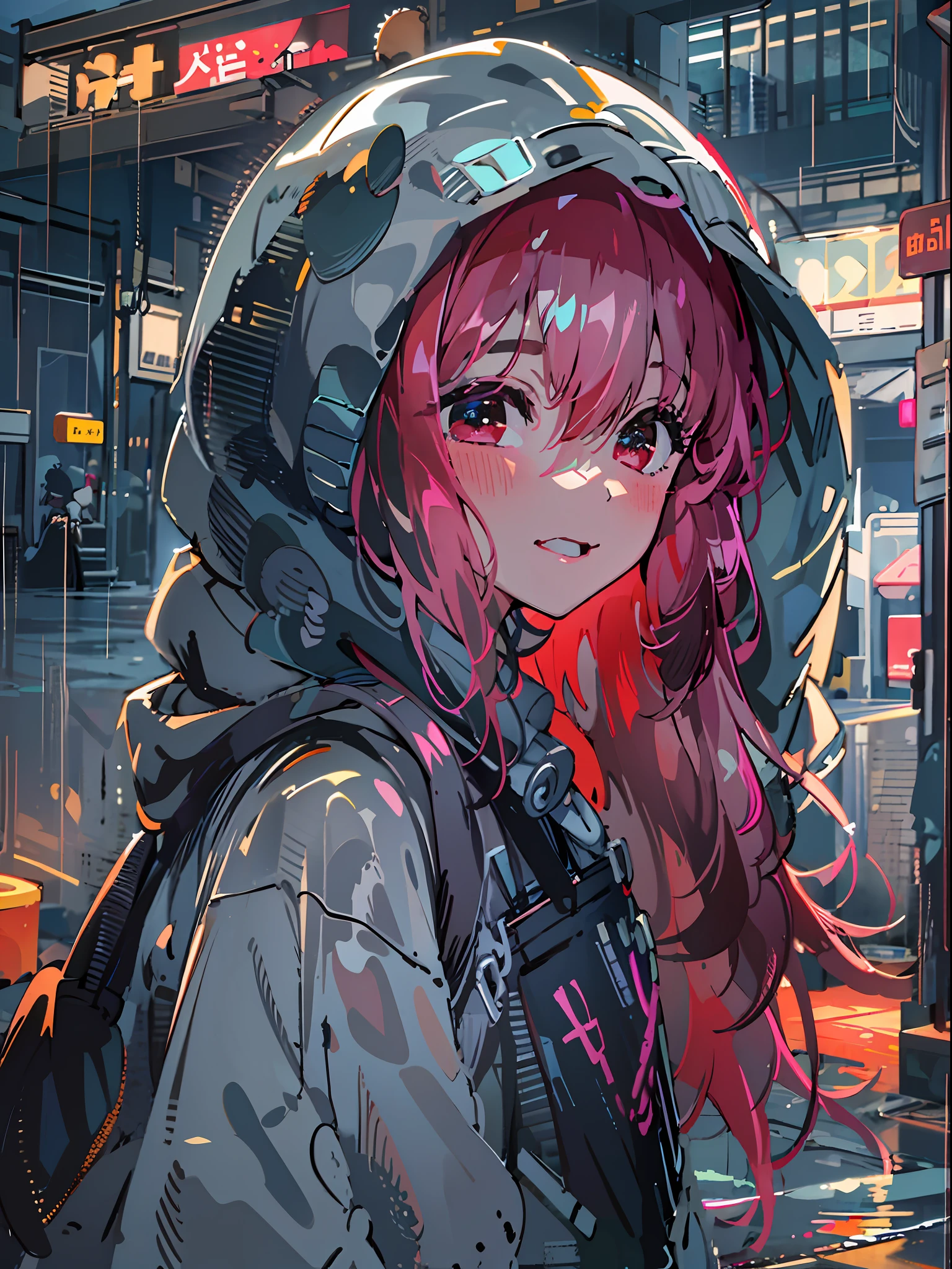 8K分辨率、((top-quality))、((masterpiece))、((ultra-detailliert))、1 woman、独奏、incredibly absurdness、Oversized hoodies、headphones、Street、plein air、Rain at night、neons、Shortcut Hair、Brightly colored eyes、Hands in pockets、shortpants、water dripping、red hairs、Bob Hair