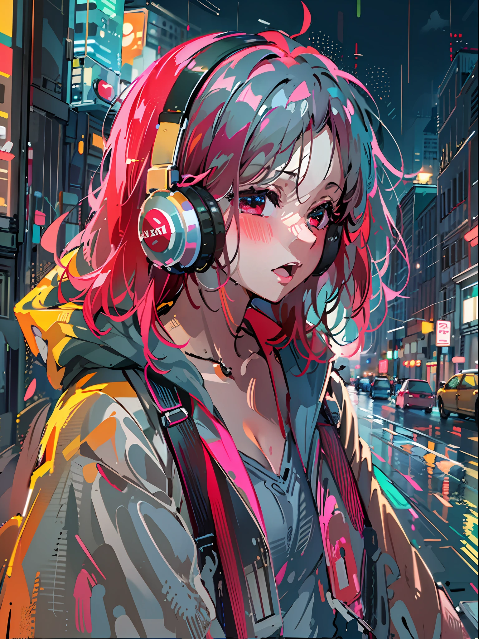 8K分辨率、((top-quality))、((masterpiece))、((ultra-detailliert))、1 woman、独奏、incredibly absurdness、Oversized hoodies、headphones、Street、plein air、Rain at night、neons、Shortcut Hair、Brightly colored eyes、Hands in pockets、shortpants、water dripping、red hairs、Bob Hair