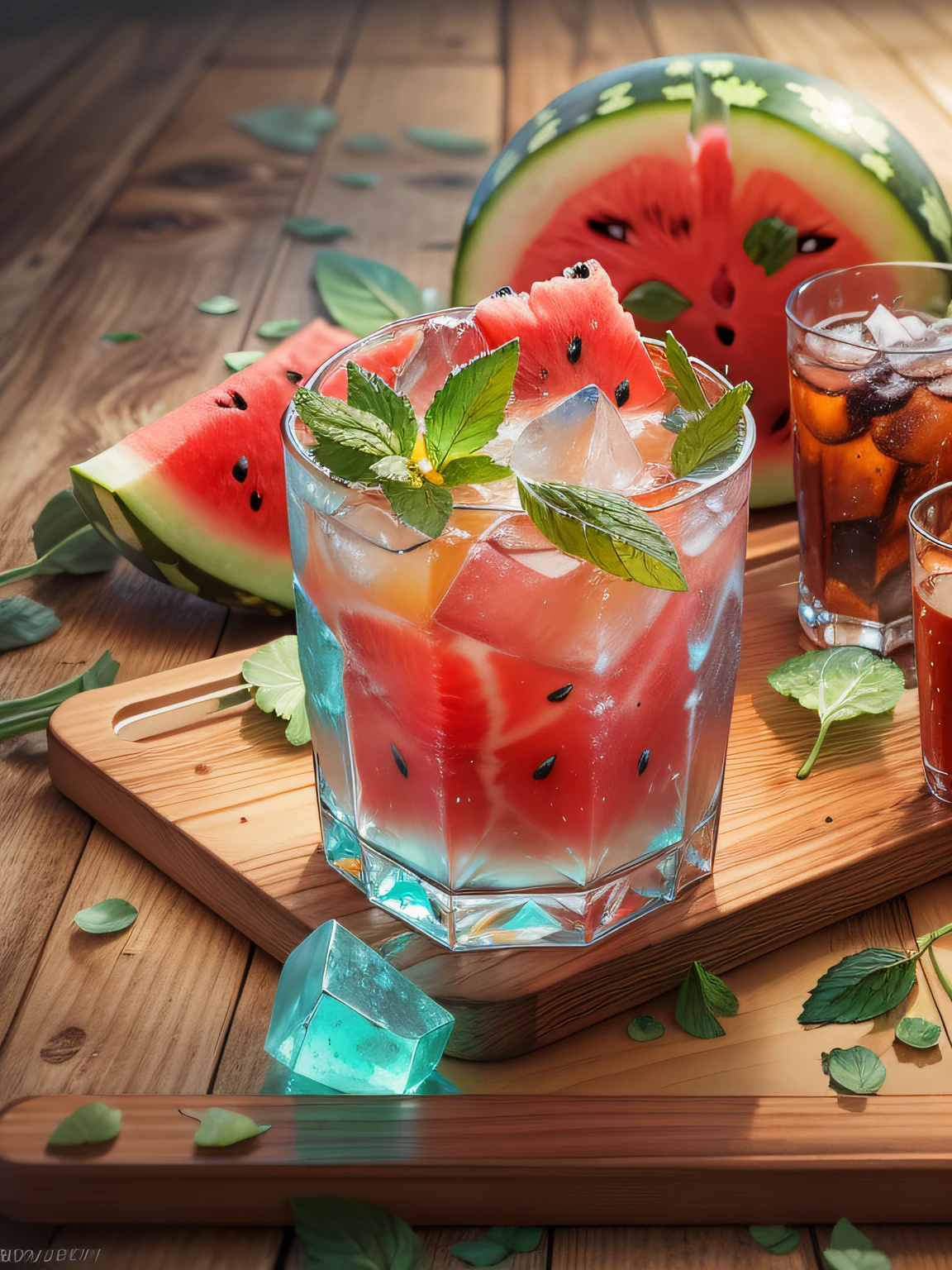 A glass of soda, frozen, frozen effect, on a wooden tray with pieces of watermelon, with mint leaves, cut small turquoise greens, with ice cubes, a few scattered ice cubes on a wooden board, super realistic Food pictures, full theme shown in photos,, Randy Post, hyper realistic &quot;, hyper realistic&quot;, high res photo