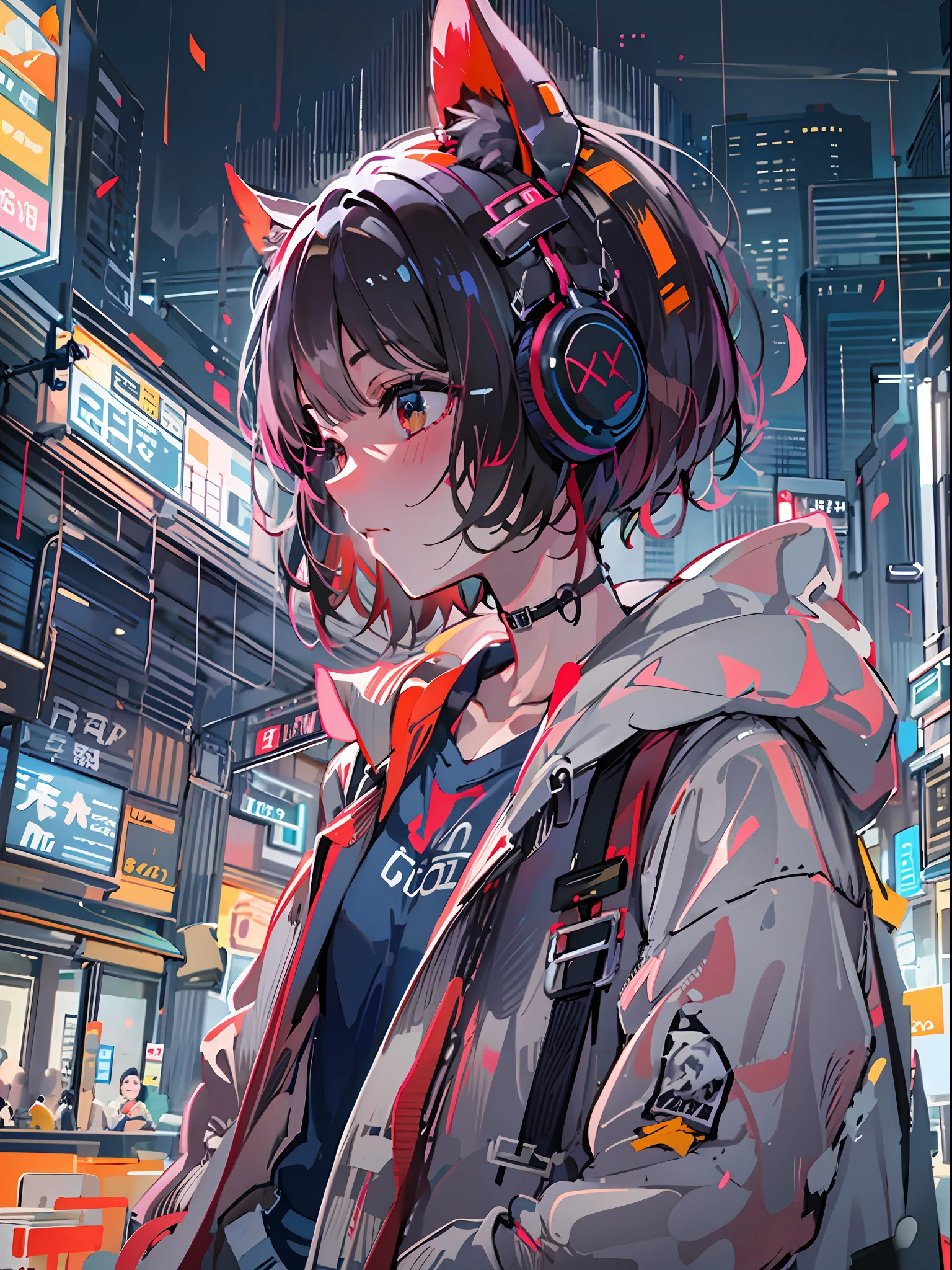 8K分辨率、((top-quality))、((masterpiece))、((ultra-detailliert))、1 woman、独奏、incredibly absurdness、Oversized hoodies、headphones、Street、plein air、Rain at night、neons、Shortcut Hair、Brightly colored eyes、Hands in pockets、shortpants、water dripping、red hairs、Bob Hair