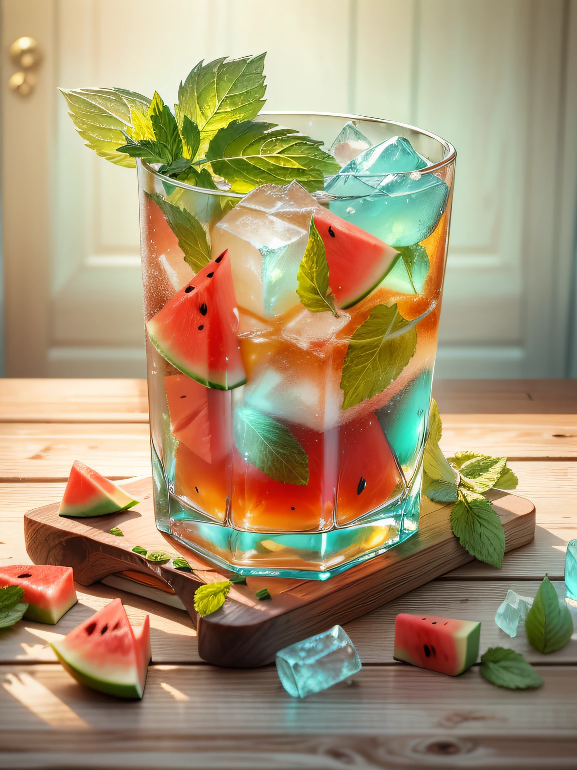 A glass of soda, frozen, frozen effect, on a wooden tray with pieces of watermelon, with mint leaves, cut small turquoise greens, with ice cubes, a few scattered ice cubes on a wooden board, super realistic Food pictures, full theme shown in photos,, Randy Post, hyper realistic ", hyper realistic", high res photo