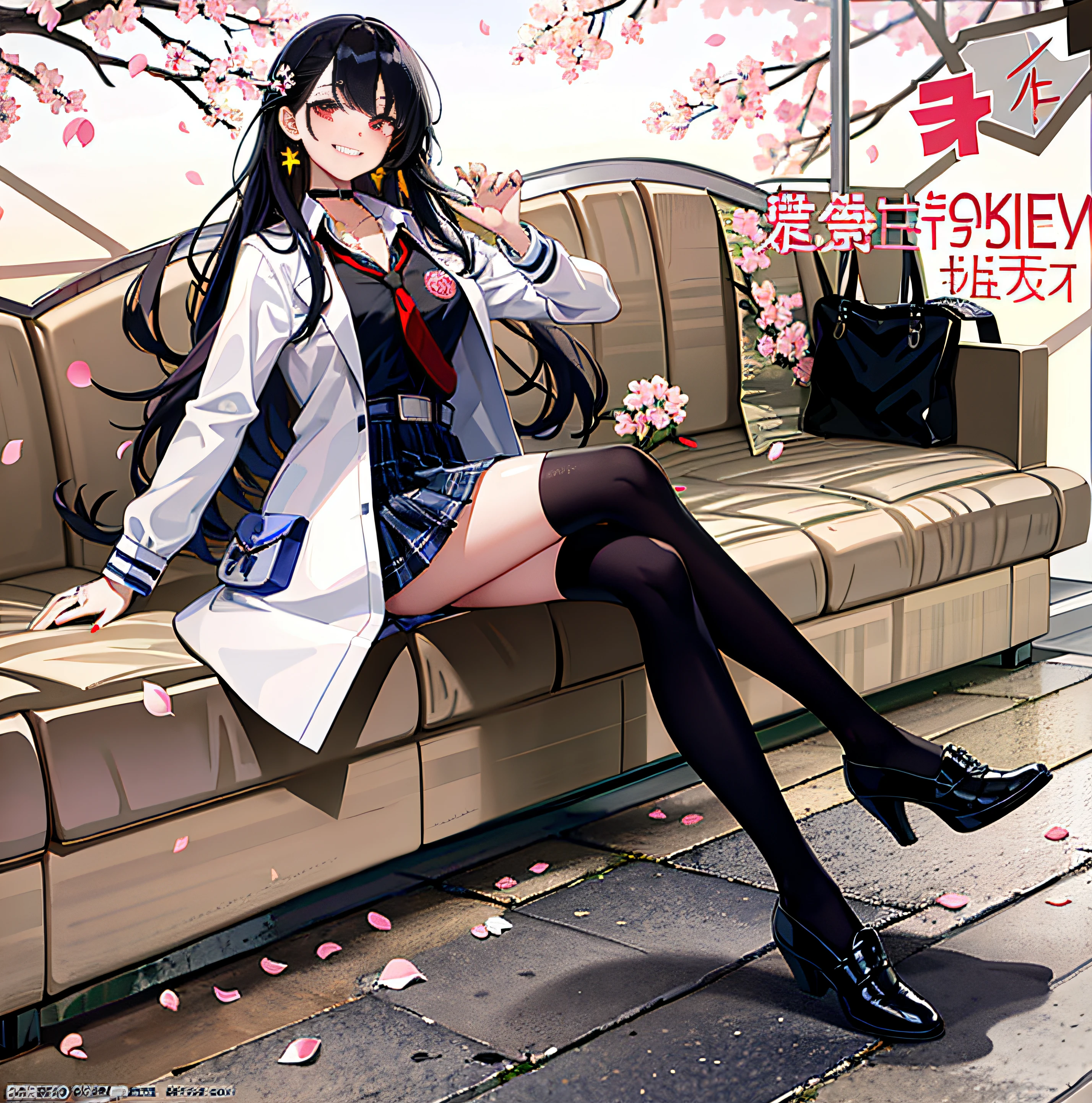 masterpiece, best quality, full body, 1girl, bangs, black choker, black necktie, blonde hair, blue skirt, blush, bracelet, breasts, choker, clothes around waist, collarbone, collared shirt, cowboy shot, dress shirt, ear piercing, eyebrows visible through hair, gradient hair, grin, gyaru, jewelry, kogal, long hair, looking at viewer, loose necktie, necktie, piercing, plaid, plaid skirt, pleated skirt, red eyes, ring, school uniform, shirt, skirt, smile, solo, white shirt, street, sky, cherry blossoms, petals,illustration, (magazine:1.3), (cover-style:1.3), fashionable, woman, vibrant, outfit, posing, front, colorful, dynamic, background, elements, confident, expression, holding, statement, accessory, majestic, coiled, around, touch, scene, text, cover, bold, attention-grabbing, title, stylish, font, catchy, headline, larger, striking, modern, trendy, focus, fashion,