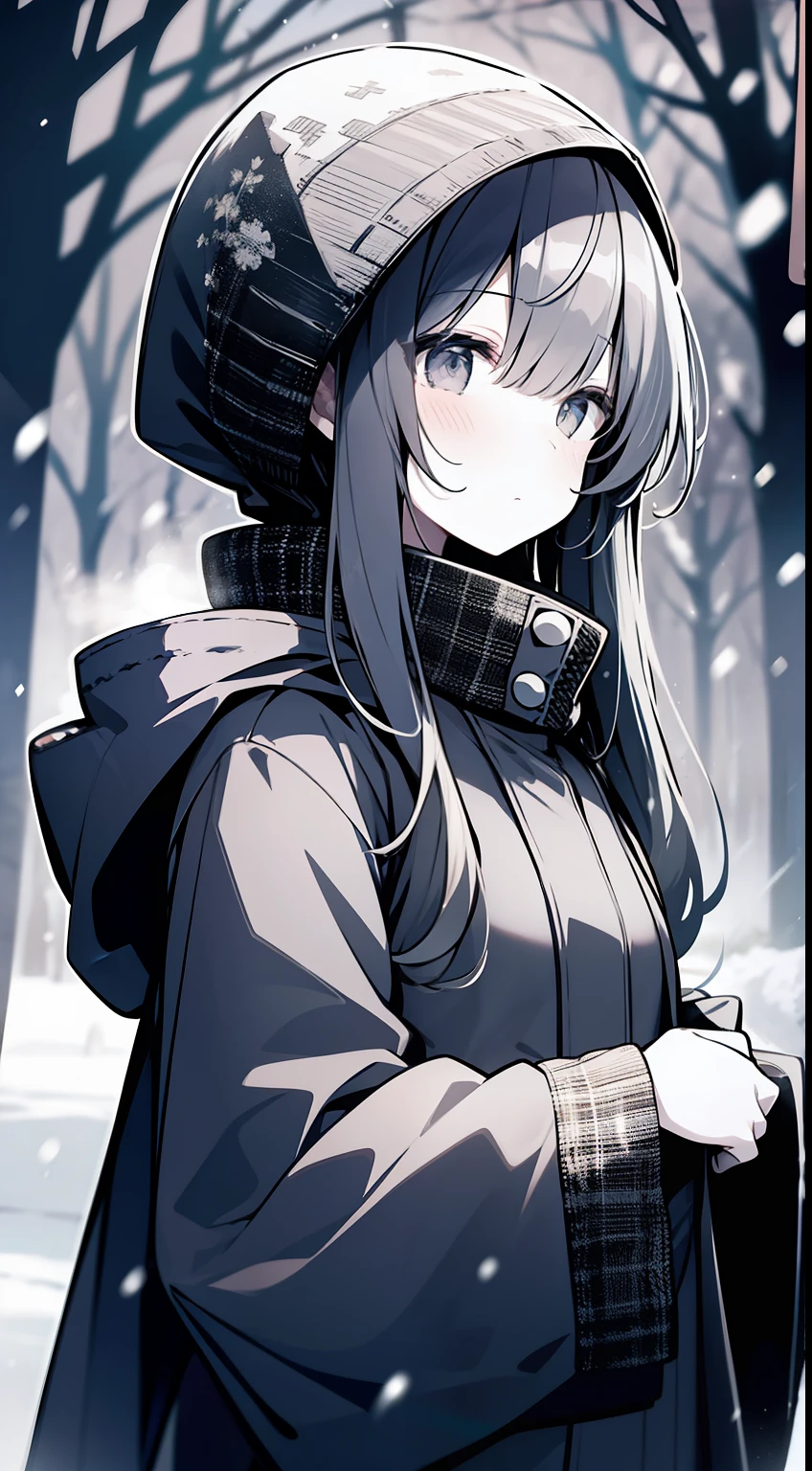 parka,parka dress,wide sleeves,loose parka、ln the forest、Winters、Alone、Lonely、monochromes、grayscales、snow blowing、One Girl、masterpiece、Top image quality、top-quality