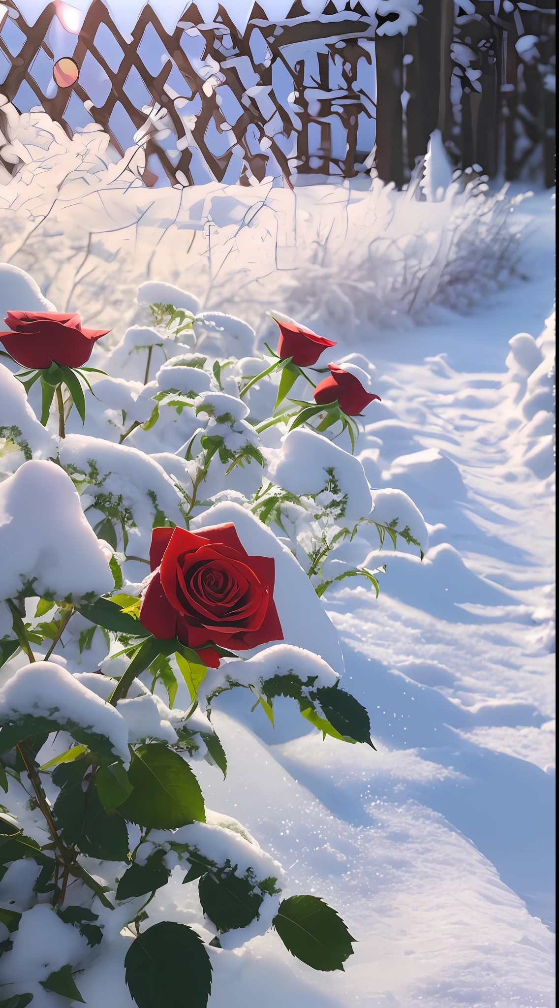 There are a lot of red roses blooming in the snow, The flowers have dust and snow on their leaves,Beautiful nature, Beautiful photography, There are frozen flowers around, roses in cinematic light, warm beautiful scene