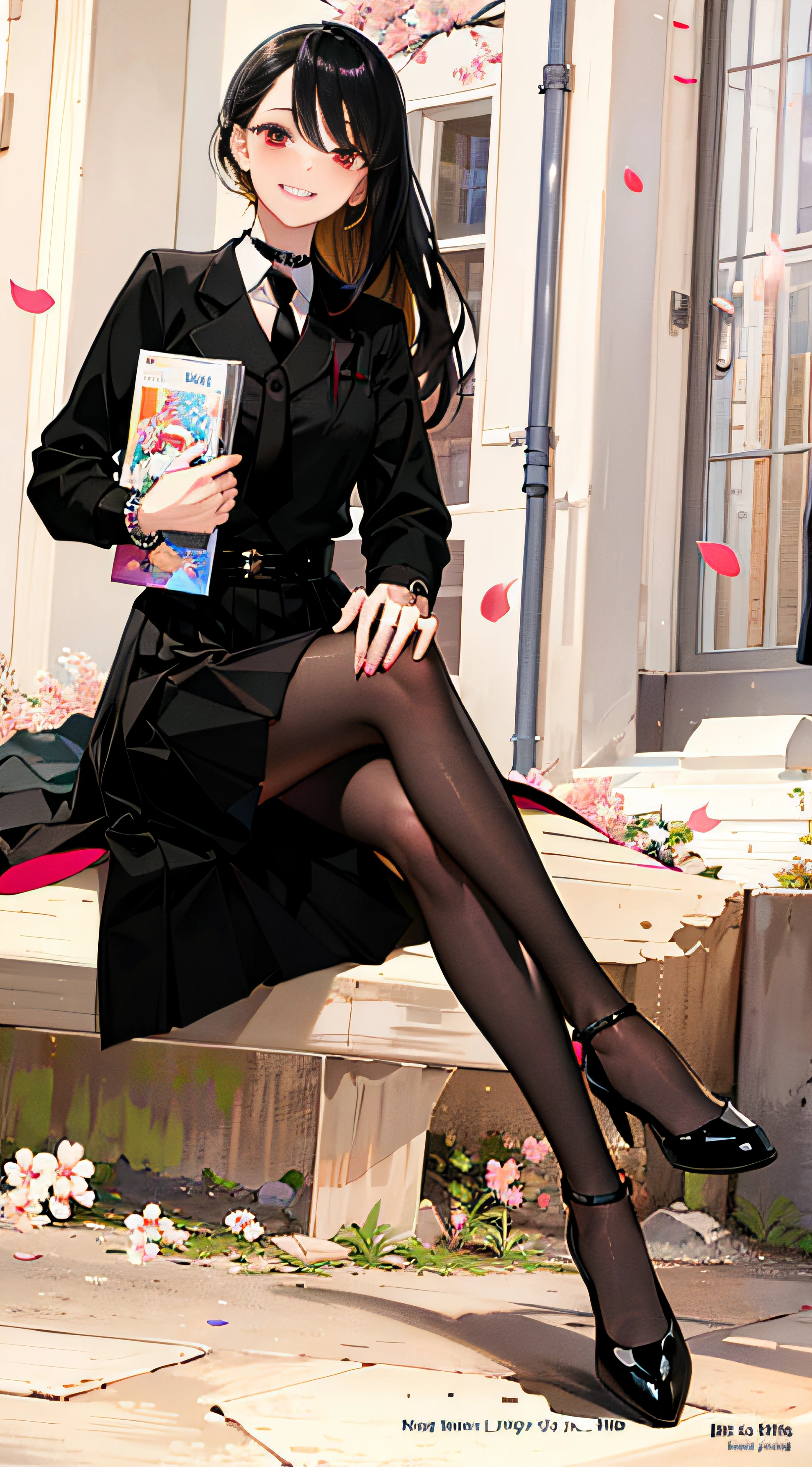 masterpiece, best quality, full body, 1girl, bangs, black choker, black necktie, blonde hair, blue skirt, blush, bracelet, breasts, choker, clothes around waist, collarbone, collared shirt, cowboy shot, dress shirt, ear piercing, eyebrows visible through hair, gradient hair, grin, gyaru, jewelry, kogal, long hair, looking at viewer, loose necktie, necktie, piercing, plaid, plaid skirt, pleated skirt, red eyes, ring, school uniform, shirt, skirt, smile, solo, white shirt, street, sky, cherry blossoms, petals,illustration, (magazine:1.3), (cover-style:1.3), fashionable, woman, vibrant, outfit, posing, front, colorful, dynamic, background, elements, confident, expression, holding, statement, accessory, majestic, coiled, around, touch, scene, text, cover, bold, attention-grabbing, title, stylish, font, catchy, headline, larger, striking, modern, trendy, focus, fashion,