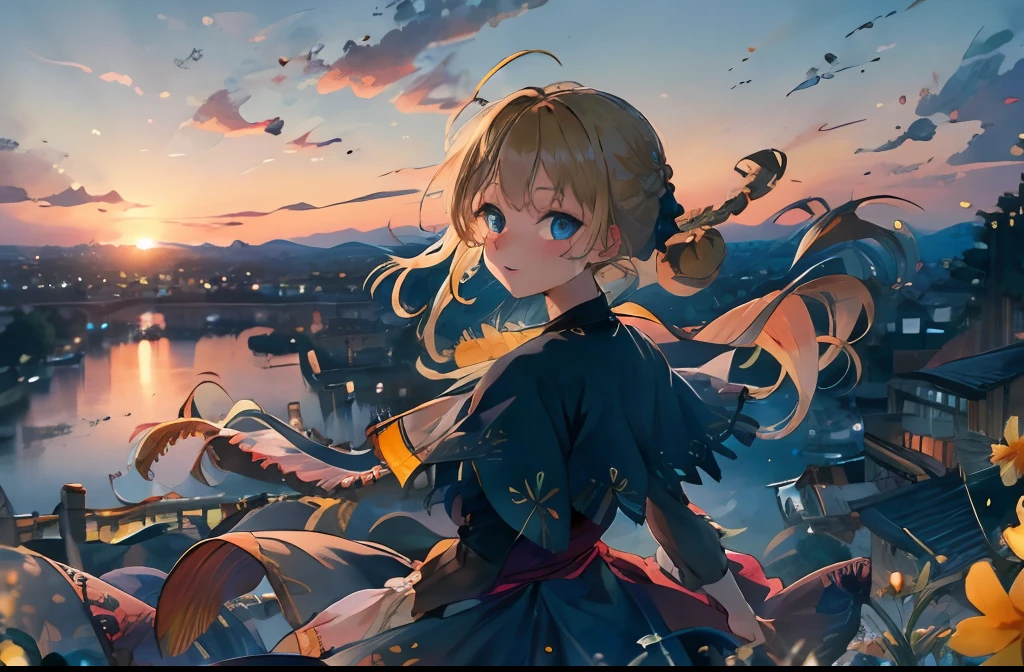 best quality, masterpiece, extremely detailed, detailed background, 1girl, solo, yellow hair, blue eyes, braid, long hair, wavy hair, fluffy hair, ponytail, french braid, blush, smile, capelet, lace trim, bodice, sunset, dusk, scenery, high place, horizon, wind, wind blow, flowerbed, looking at viewer, depth of field, bokeh
