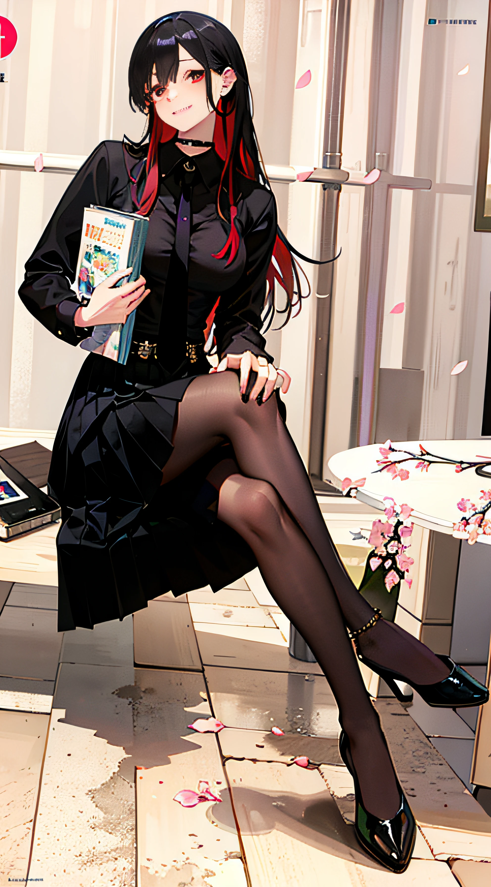 masterpiece, best quality, full body, 1girl, bangs, black choker, black necktie, blonde hair, blue skirt, blush, bracelet, breasts, choker, clothes around waist, collarbone, collared shirt, cowboy shot, dress shirt, ear piercing, eyebrows visible through hair, gradient hair, grin, gyaru, jewelry, kogal, long hair, looking at viewer, loose necktie, necktie, piercing, plaid, plaid skirt, pleated skirt, red eyes, ring, school uniform, shirt, skirt, smile, solo, white shirt, street, sky, cherry blossoms, petals,illustration, (magazine:1.3), (cover-style:1.3), fashionable, woman, vibrant, outfit, posing, front, colorful, dynamic, background, elements, confident, expression, holding, statement, accessory, majestic, coiled, around, touch, scene, text, cover, bold, attention-grabbing, title, stylish, font, catchy, headline, larger, striking, modern, trendy, focus, fashion,
