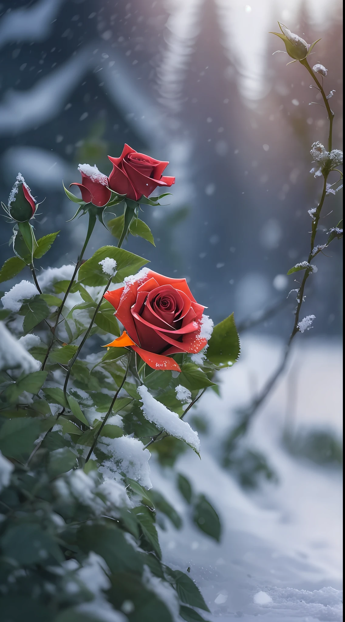 There are a lot of red roses blooming in the snow, The flowers have dust and snow on their leaves,Beautiful nature, Beautiful photography, There are frozen flowers around, roses in cinematic light, warm beautiful scene