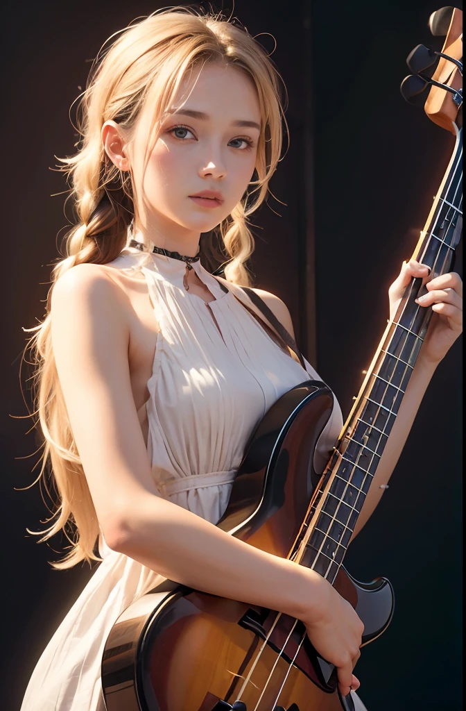 An 18-year-old woman,dyed blonde hair, Long braids、(Play the electric bass, 4 strings), Dark theme, Muted colors, High contrast, (Detailed skin texture, Hyper-Realism, Soft light, sharp), halterneck dress、Shoulders exposed,cowboy shot、