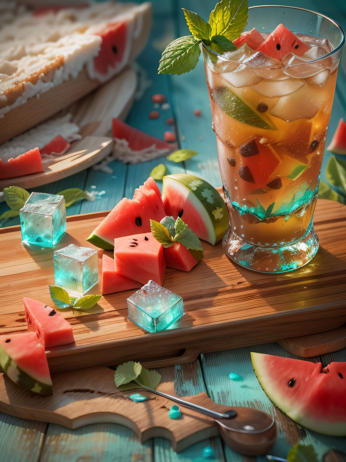 A glass of soda, frozen, frozen effect, on a wooden tray with pieces of watermelon, with mint leaves, cut small turquoise greens, with ice cubes, a few scattered ice cubes on a wooden board, super realistic Food pictures, full theme shown in photos,, Randy Post, hyper realistic ", hyper realistic", high res photo