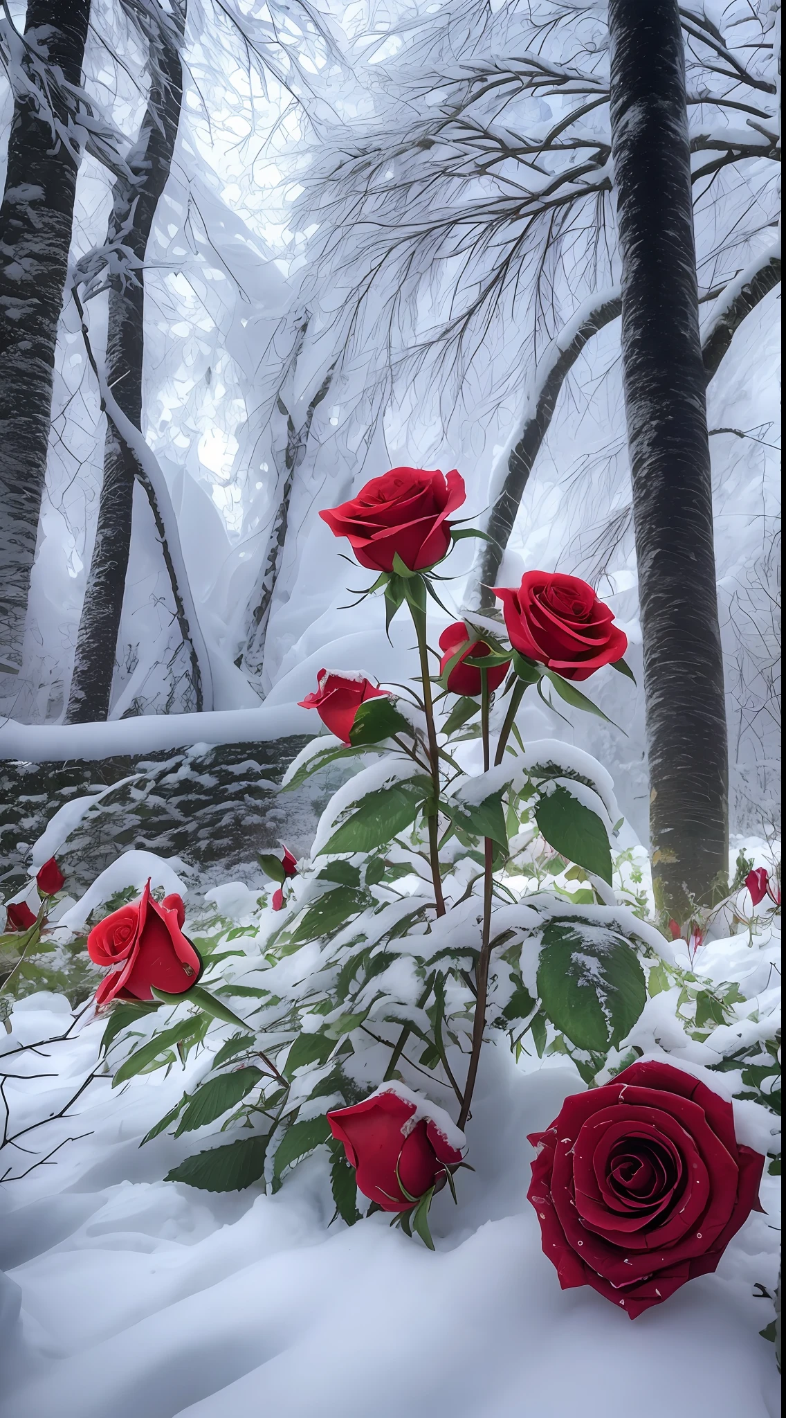 There are a lot of red roses blooming in the snow, The flowers have dust and snow on their leaves，Beautiful nature, Beautiful photography, There are frozen flowers around, roses in cinematic light, warm beautiful scene