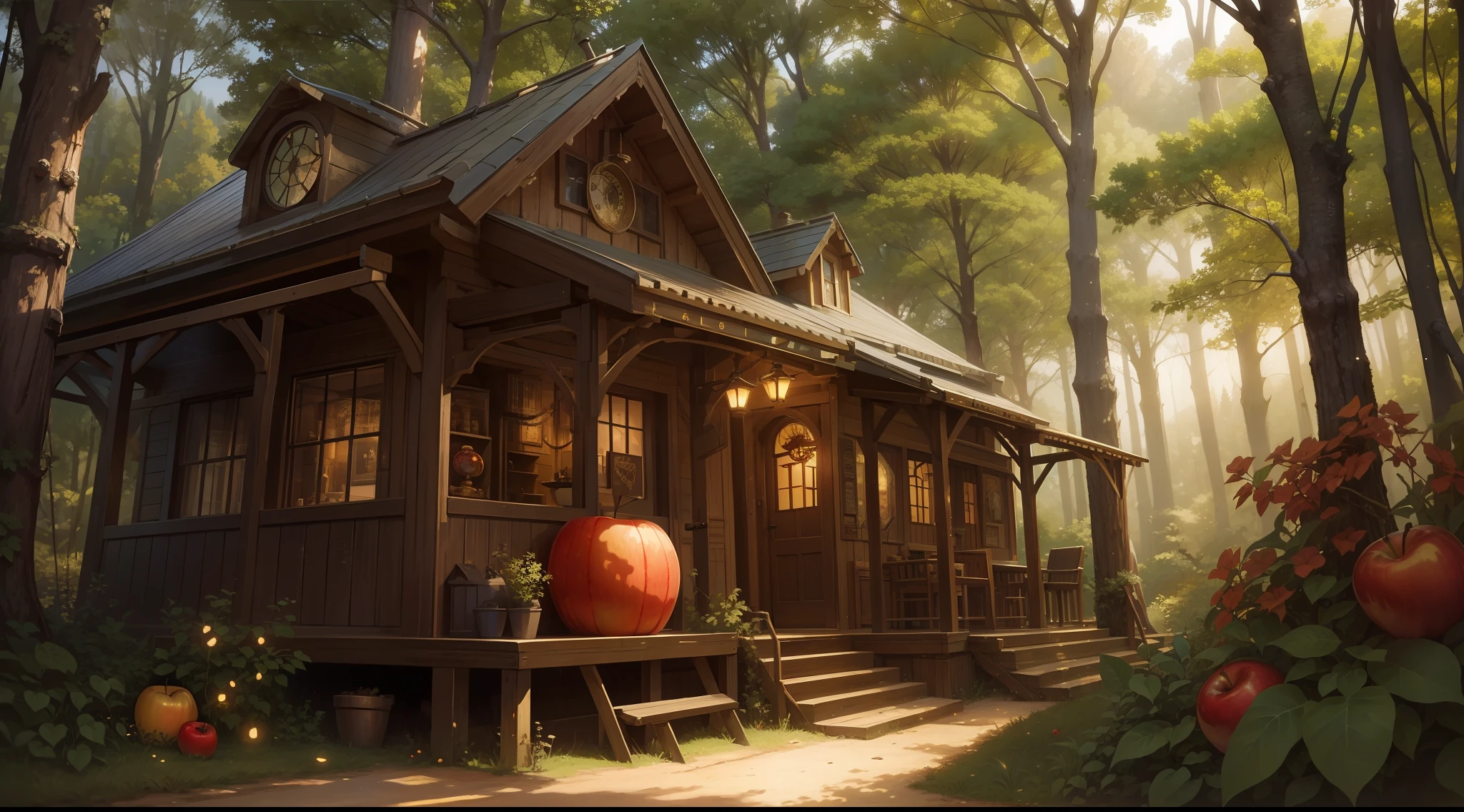 steampunk art, Apple orchard, A huge red apple in a coniferous forest, bokeh, glare, radiance, Fantasy elements, fairycore, High Resolution, image, Lovely