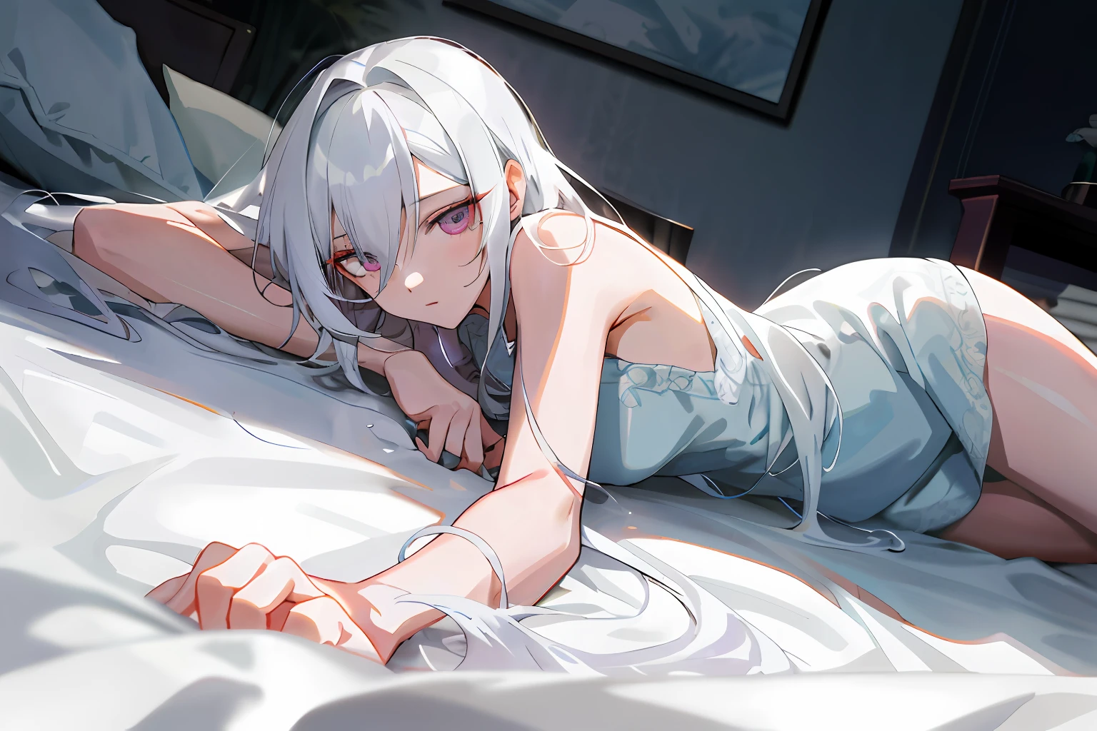 Women with dark eyes and hair color，Lying on a white carpet on the bed，Eyes like silk，Stretching his white arms lazily，Hair color is scattered。
