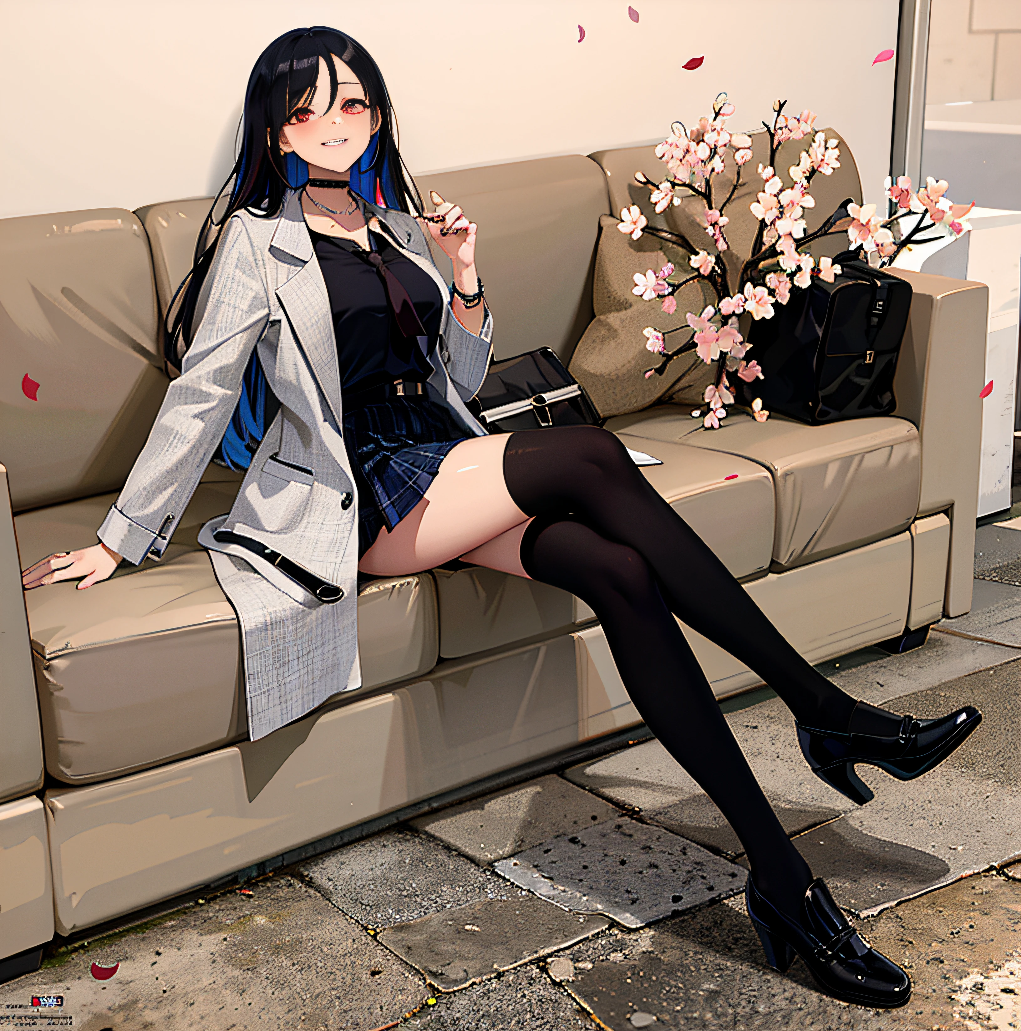 masterpiece, best quality, full body, 1girl, bangs, black choker, black necktie, blonde hair, blue skirt, blush, bracelet, breasts, choker, clothes around waist, collarbone, collared shirt, cowboy shot, dress shirt, ear piercing, eyebrows visible through hair, gradient hair, grin, gyaru, jewelry, kogal, long hair, looking at viewer, loose necktie, necktie, piercing, plaid, plaid skirt, pleated skirt, red eyes, ring, school uniform, shirt, skirt, smile, solo, white shirt, street, sky, cherry blossoms, petals,illustration, (magazine:1.3), (cover-style:1.3), fashionable, woman, vibrant, outfit, posing, front, colorful, dynamic, background, elements, confident, expression, holding, statement, accessory, majestic, coiled, around, touch, scene, text, cover, bold, attention-grabbing, title, stylish, font, catchy, headline, larger, striking, modern, trendy, focus, fashion,