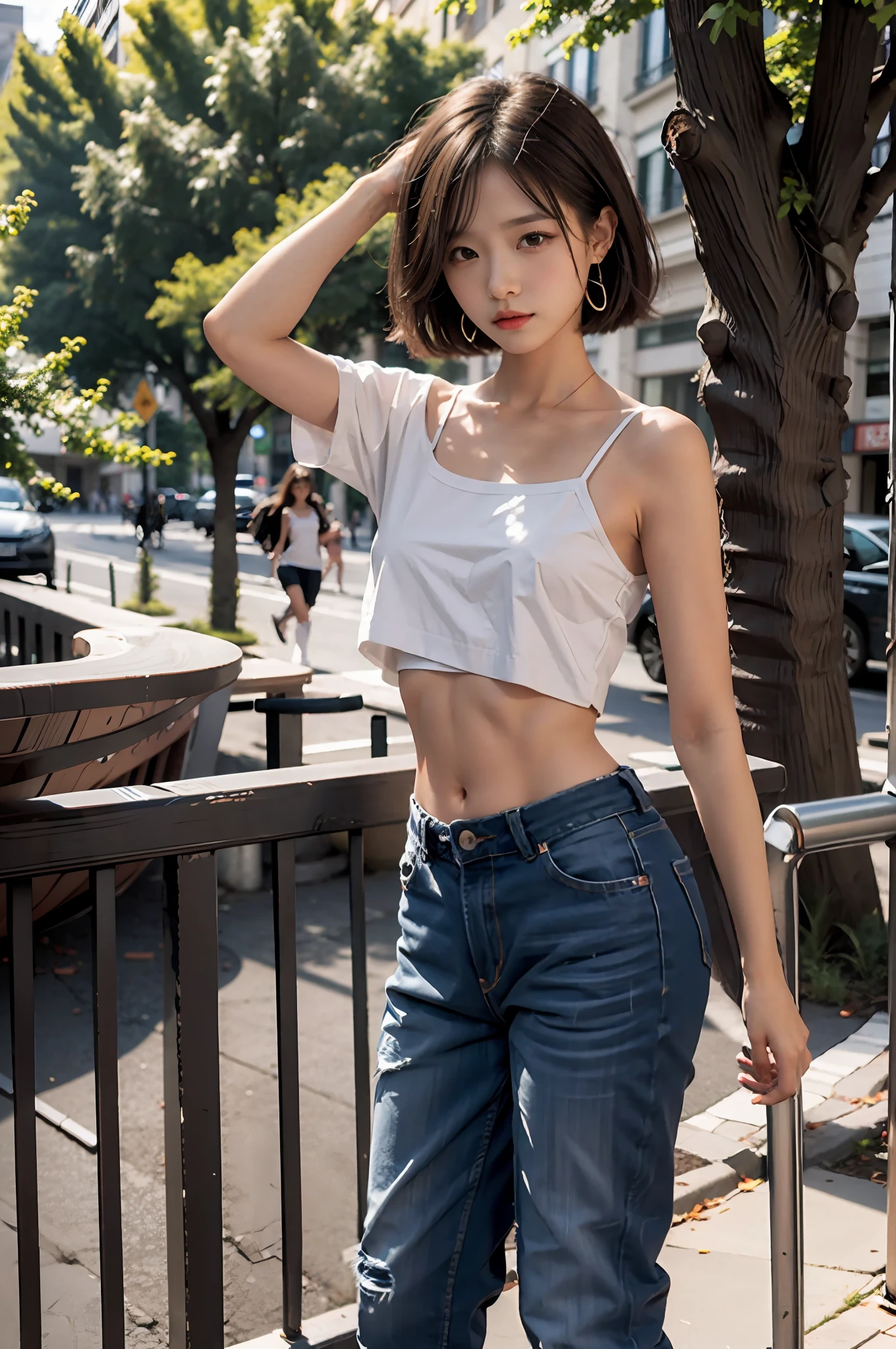 tmasterpiece， best qualityer， A high resolution， MA1， with brown eye， camisole， shorter pants， Midgastric， the street， pantiess， underbust， Lower chest cutout，Detailed facial and skin texture, （flatchest），（small boobs），（little breast）