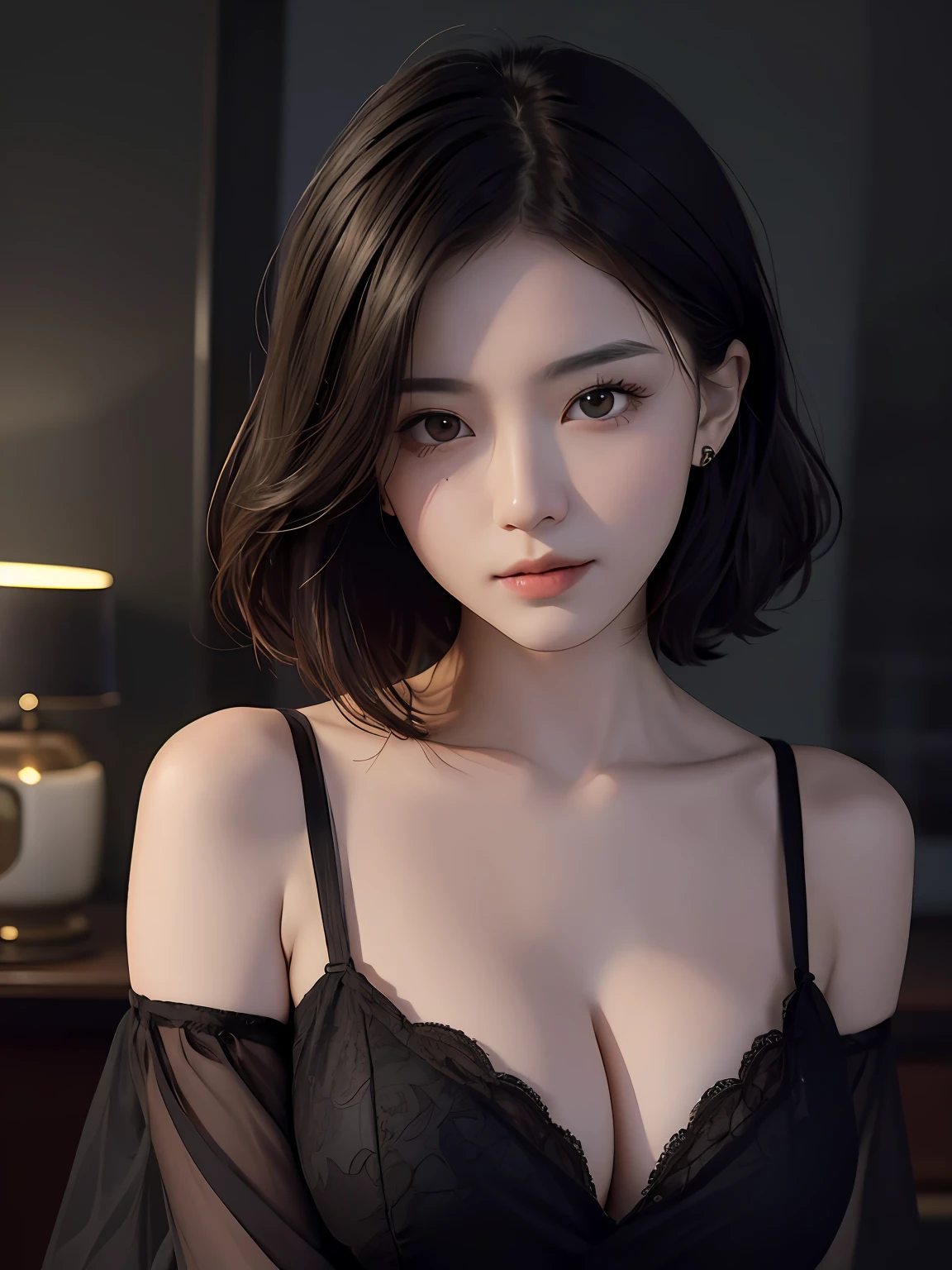 best qualtiy， tmasterpiece， 超高分辨率， （realisticlying：1.5）， RAW photogr， 1girll， bshoulders， in the darkness nigth， deep shading， low tune， cold light， Sexy look， short detailed hair，Pretty big breasts