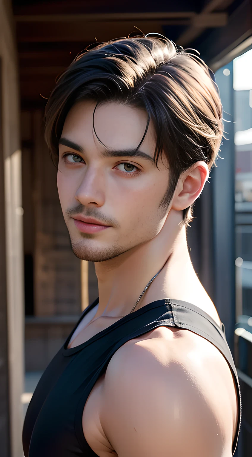 ((Men only)), (head shot), (frontal face), (Handsome muscular man in his 30s in tanktop), chris redfield, Mischievous smile, (detaile: 1 in 1), Natural muscles, HIG quality, beautidful eyes, (Detailed face and eyes), (Face、: 1 / 2), Noise, Real Photographics、... ...................................................................................................PSD, Sharp Focus, High resolution 8K, realisitic & Professional Photography, 8K UHD, Soft lighting, High quality, Film grain, FujifilmXT3