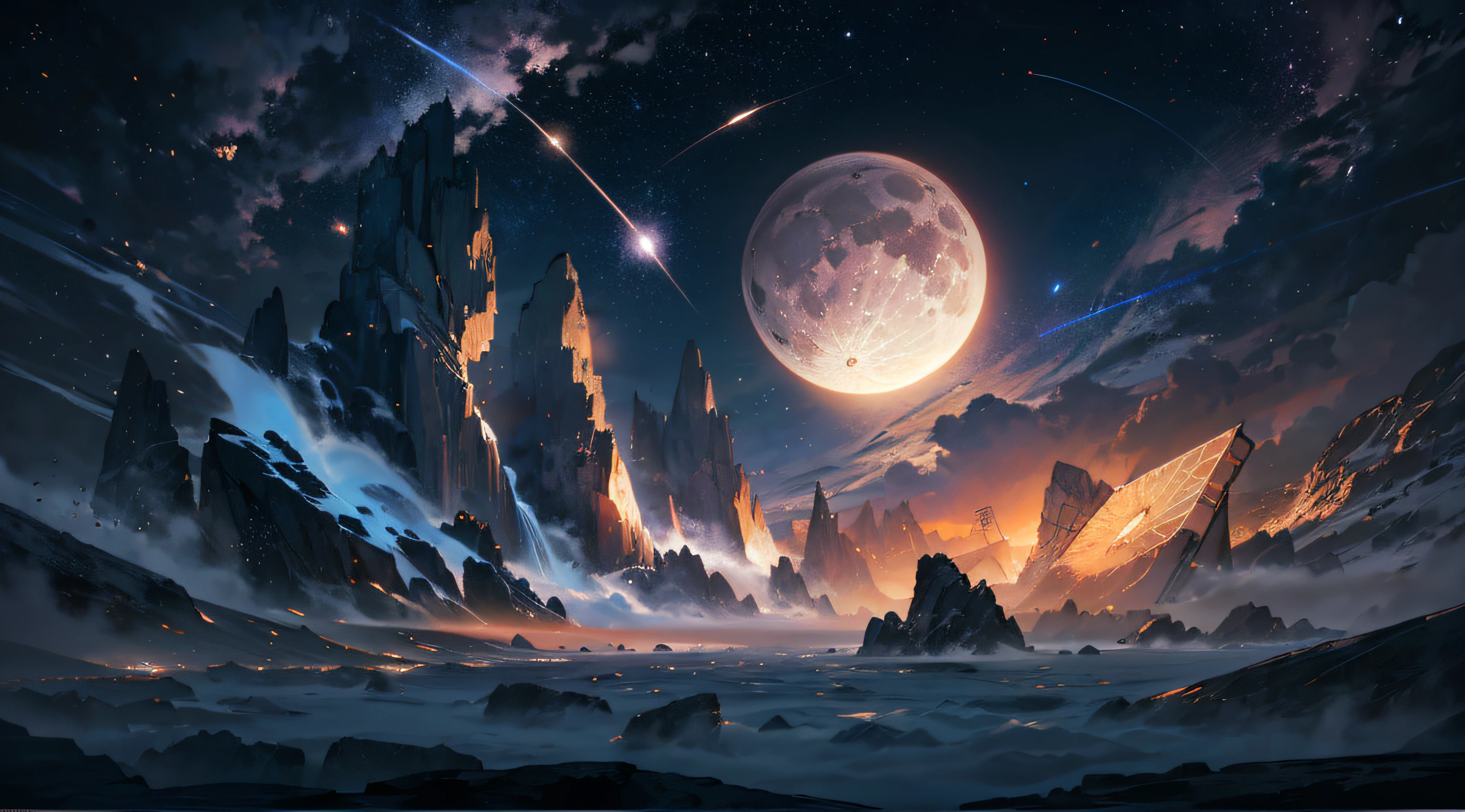 Expansive landscape photograph，（moon full：1.2），（meteors：0.9），（Starcloud：1.3），（Warm light source：1.2），（glowworm：1.2），lamp lights，Lots of purple and orange，Complicated details，Volumetriclighting，Realism BREAK（tmasterpiece：1.2），（best qualtiy），8K，Ultra-detailed，（dynamic compositions：1.4），The is very detailed，Colorful details，（Irridescent color：1.2），（luminouslighting，Atmospheric lighting），dream magical，magical，（独奏：1.2），（（best qualtiy））， （（tmasterpiece））， （the detail：1.4），depth of fields，maximum definition and sharpness，perfectly proportions，Fluttering clouds，Wallpapers