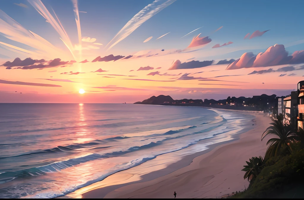 absurdres, highres, ultra detalhado, nenhum humano, no female
BREAK
View of the beach near the sea, Focus on the surface of the water, sunset light, barco chegando com pescados