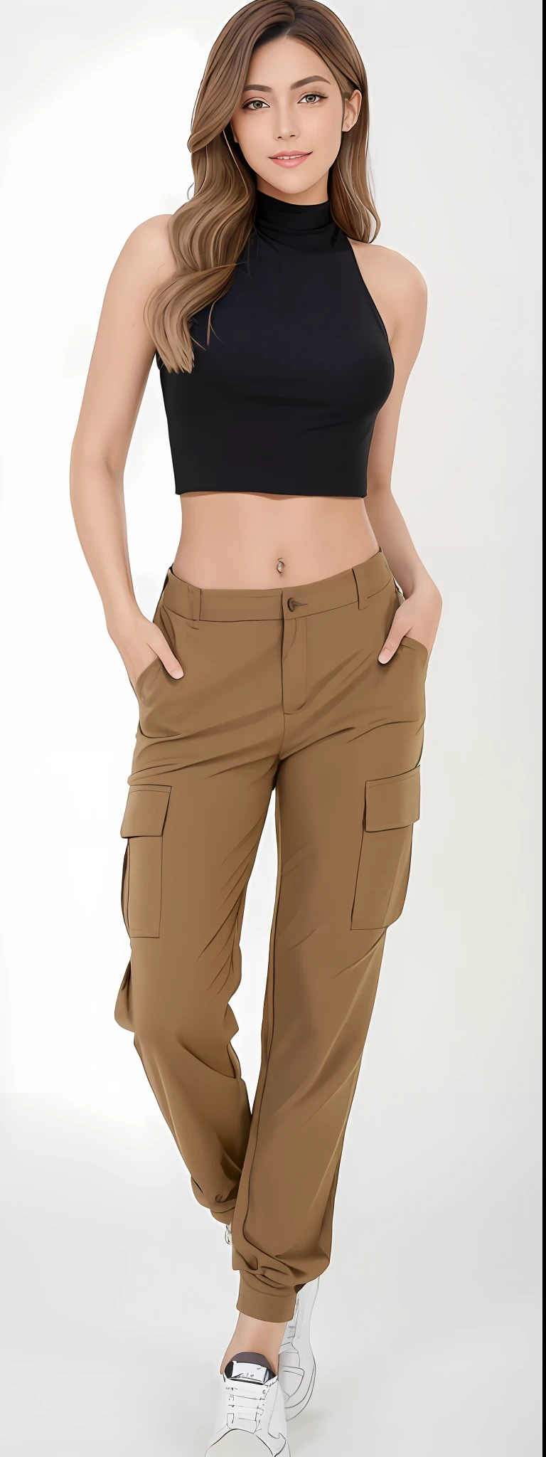 A beautiful woman in a black top and brown pants posing for a photo, brown pants, high waist sweatpants, baggy pants, Pants, cargo pants, com dois bolsos frontais, Khakis, so shorts, Olive green pants, with his hands in his pockets, wearing pants, Hands in pockets, comfortable, toupeira, large pants, tiro do meio cintura para cima, roupas marrons