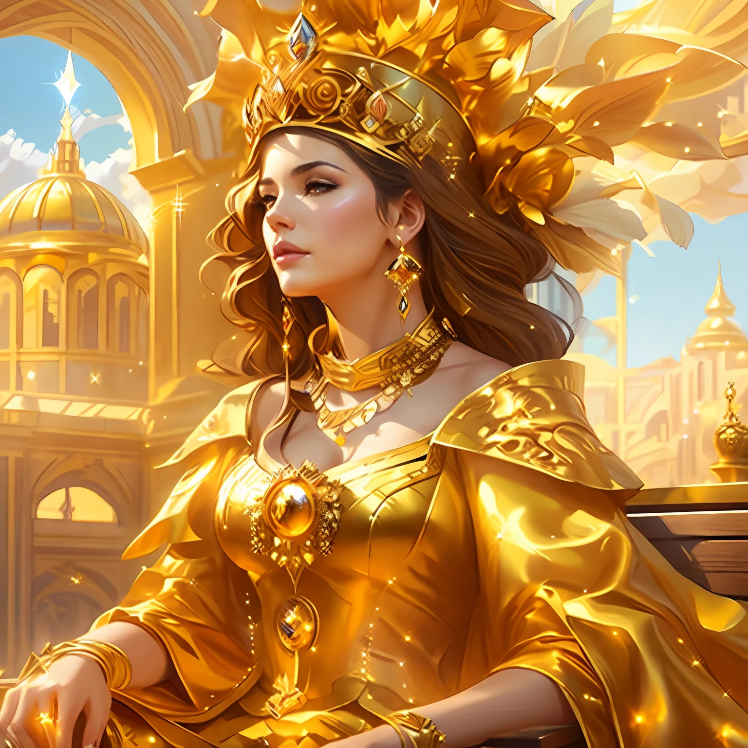 Woman in gold dress and crown sitting on a bench, artgerm julie bell beeple, beautiful fantasy art portrait, fantasy concept art portrait, epic fantasy art portrait, 4k fantasy art, fantasy art portrait, fantasy portrait art, fantasy art behance, 8k fantasy art, beautiful fantasy art, fantasy art style, High quality fantasy art